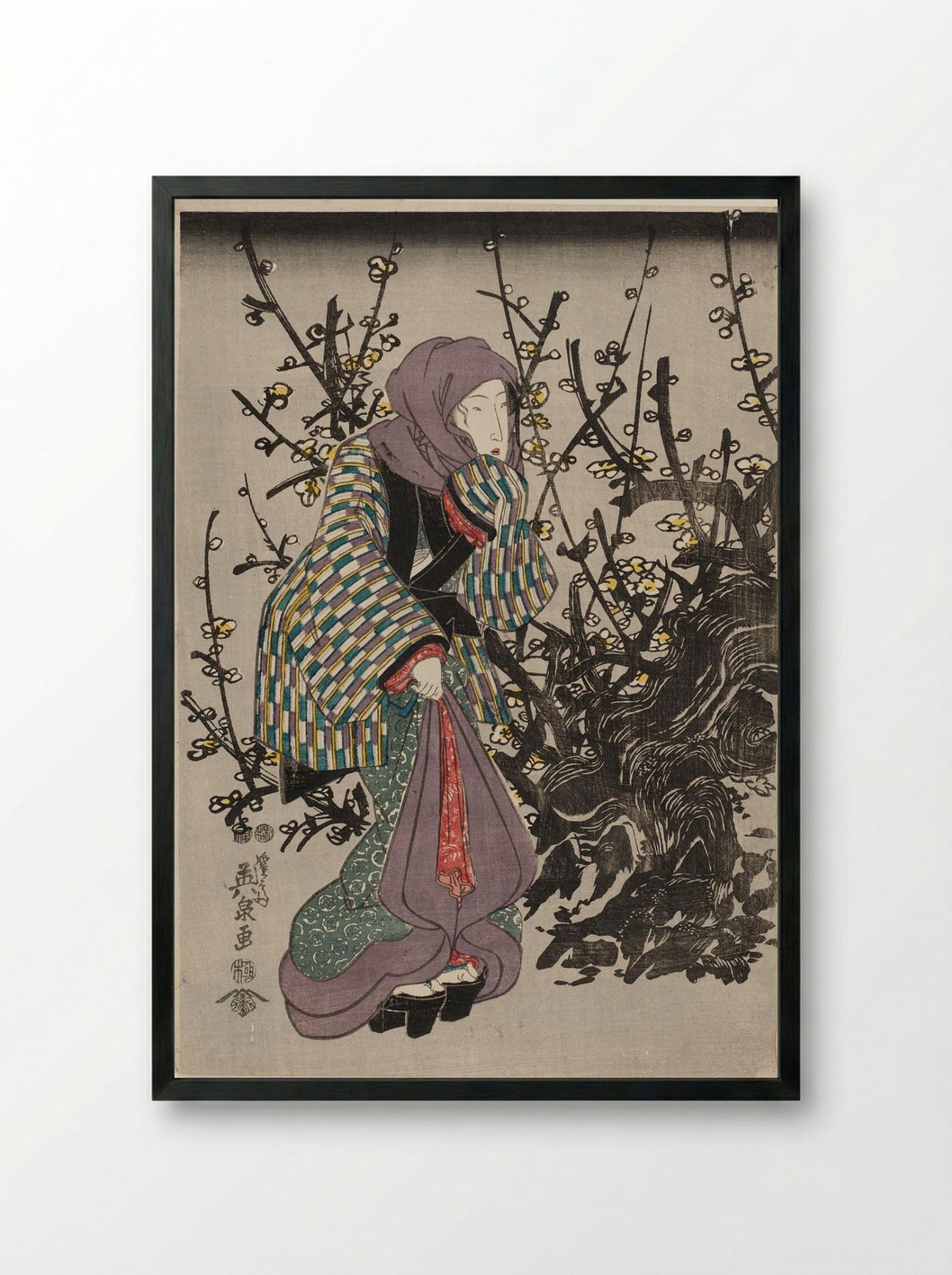 Woman by Plum Tree at Night - Keisai Eisen - Framed Print Black