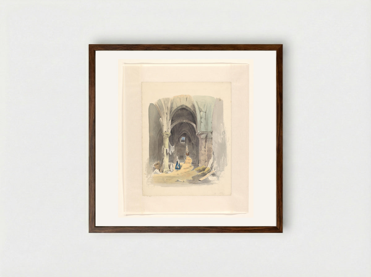 Woman by a Wine Cask in a Cellar - Johannes van Reijn - Framed Print Dark Wood