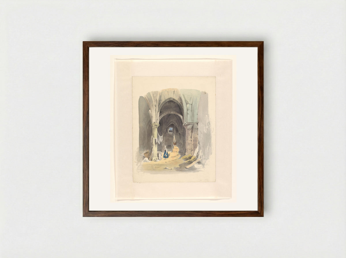 Woman by a Wine Cask in a Cellar - Johannes van Reijn - Framed Print Dark Wood