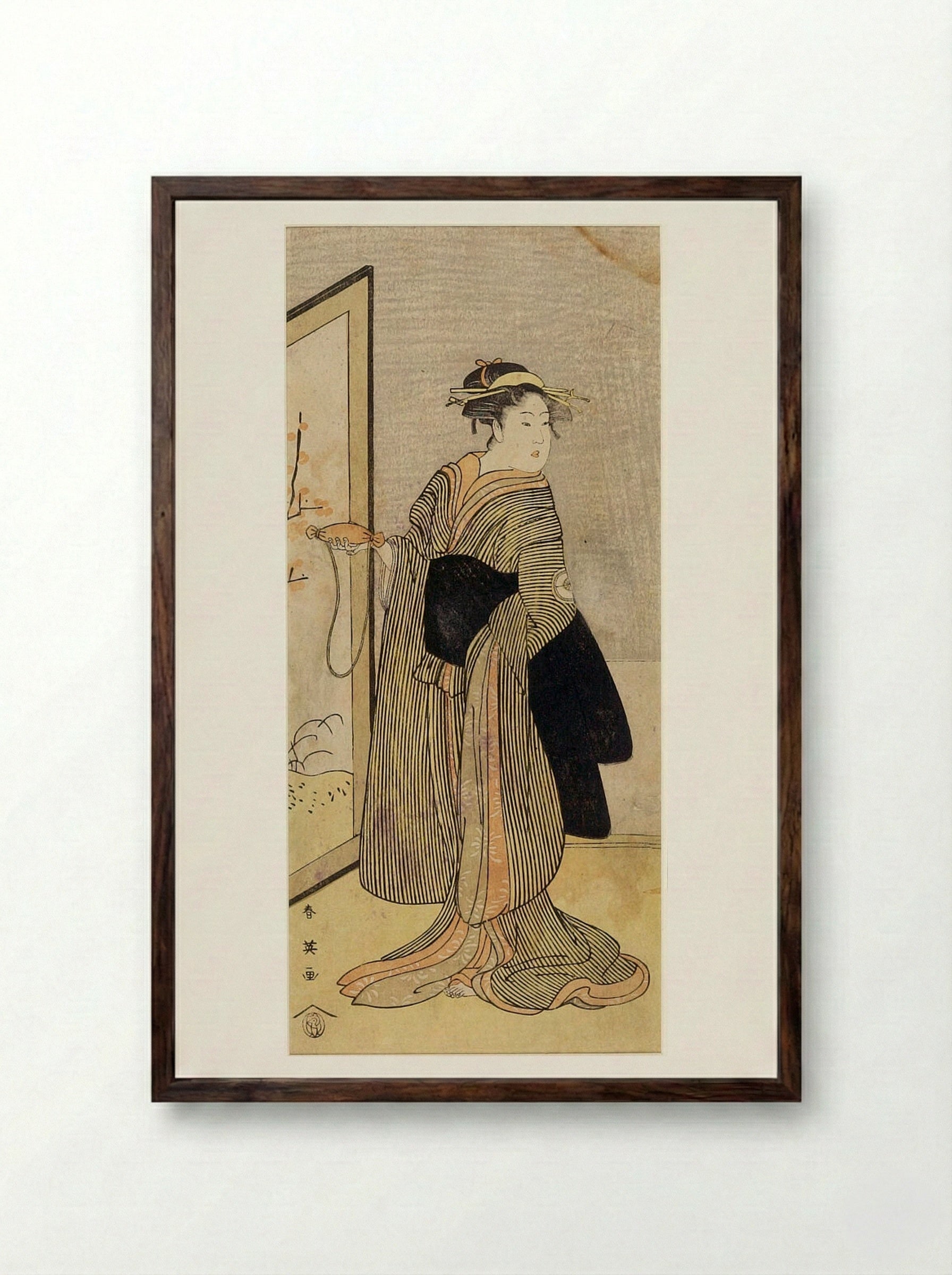 Woman in Black and Yellow Striped Kimono - Katsukawa Shun'ei - Framed Print Dark Wood