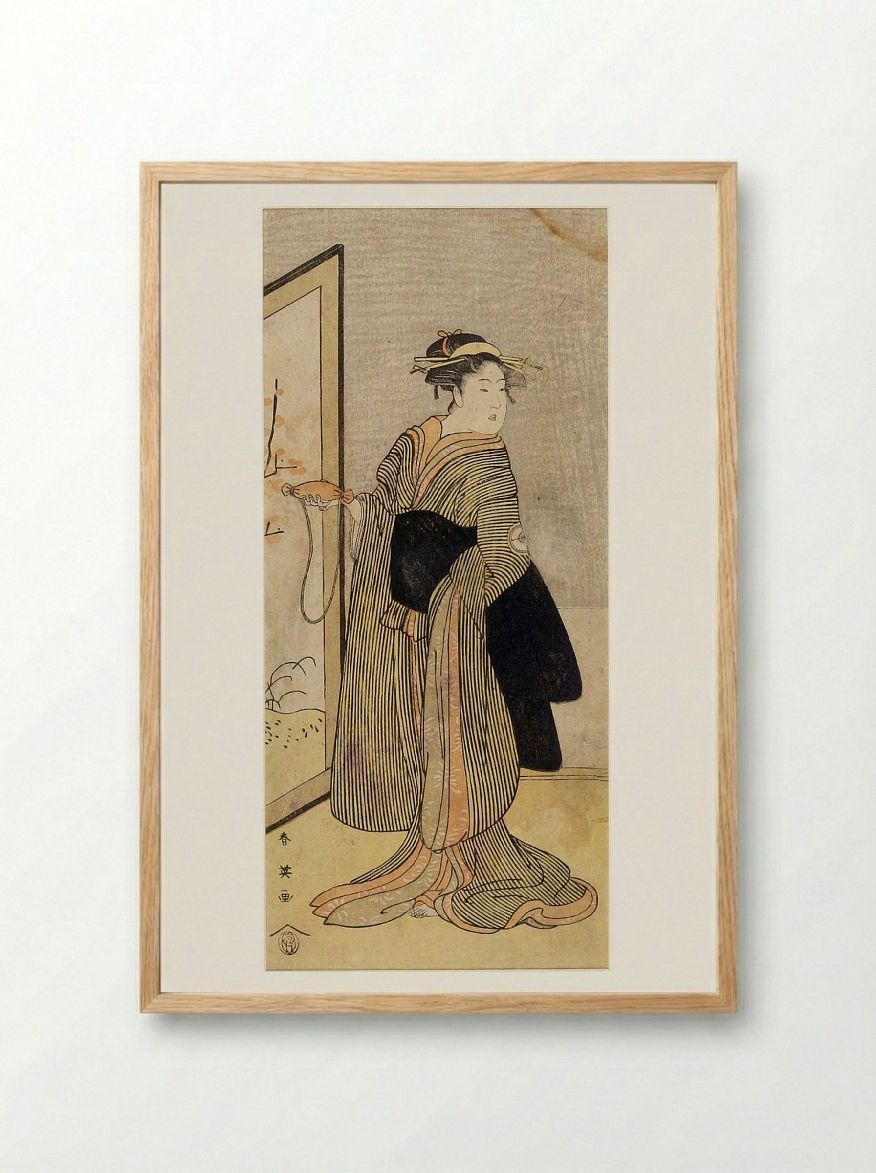Woman in Black and Yellow Striped Kimono - Katsukawa Shun'ei - Framed Print Wood