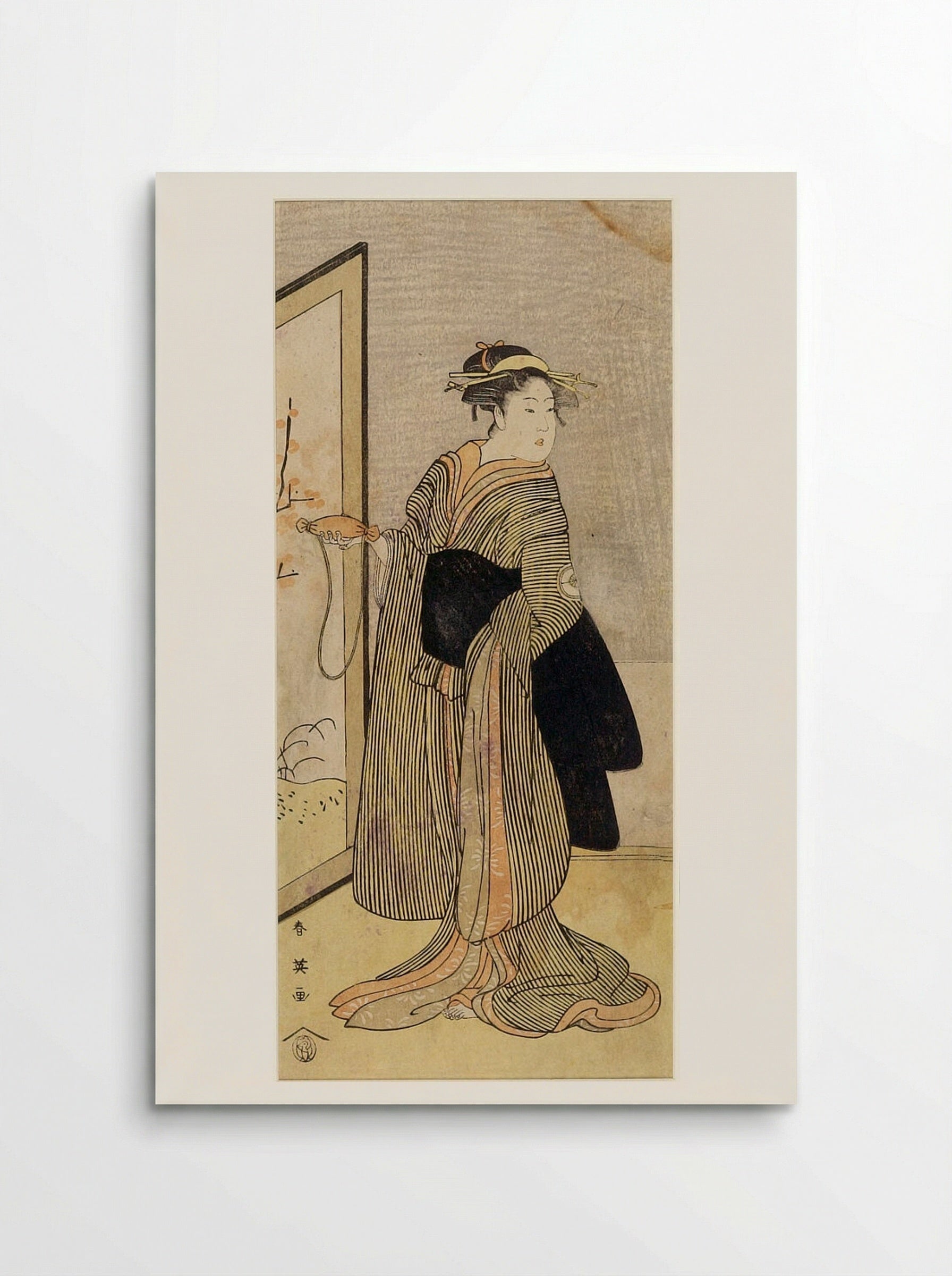 Woman in Black and Yellow Striped Kimono - Katsukawa Shun'ei - Poster