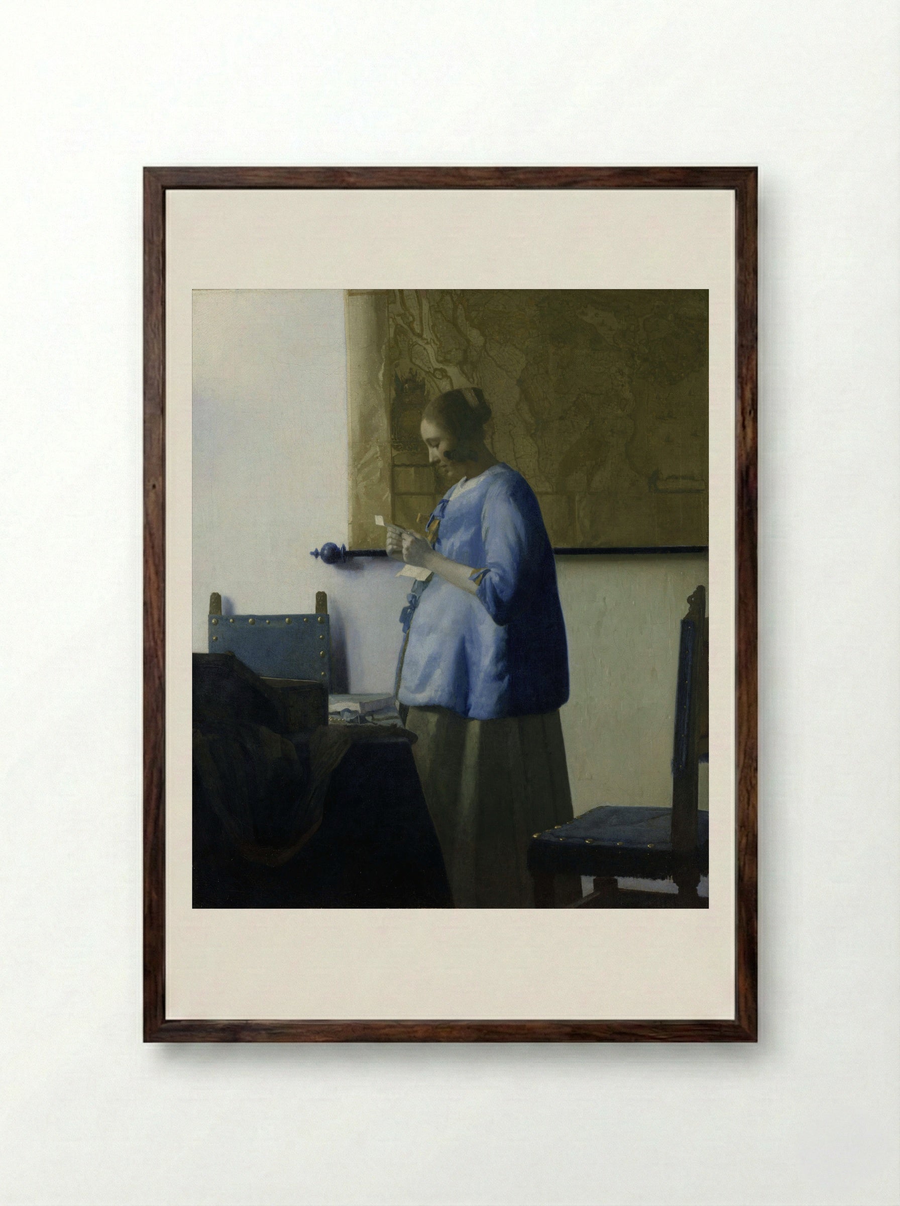 Woman in Blue Reading a Letter - Johannes Vermeer - Framed Print Dark Wood