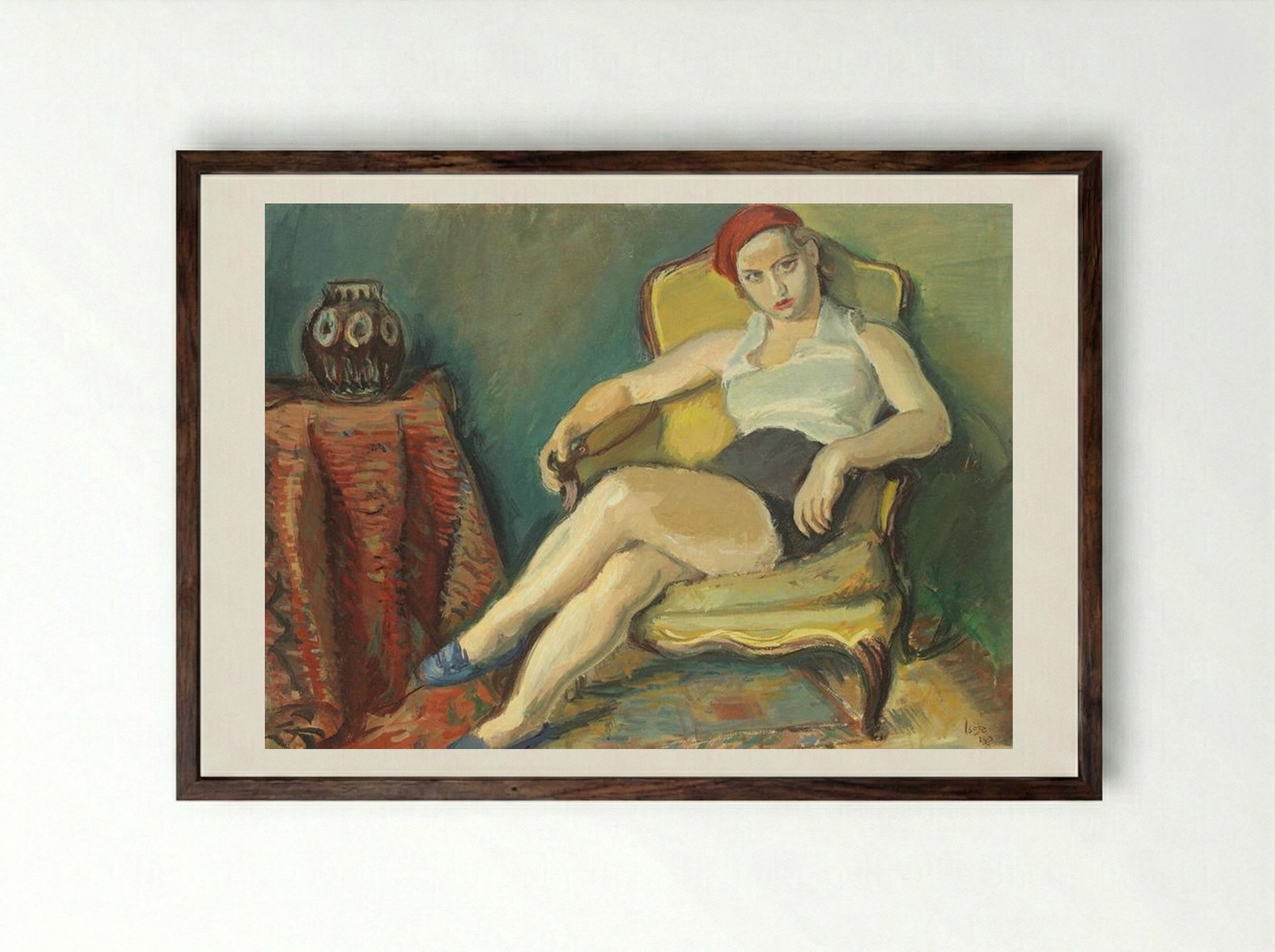 Woman in Yellow Chair - Iosif Iser - Framed Print Dark Wood