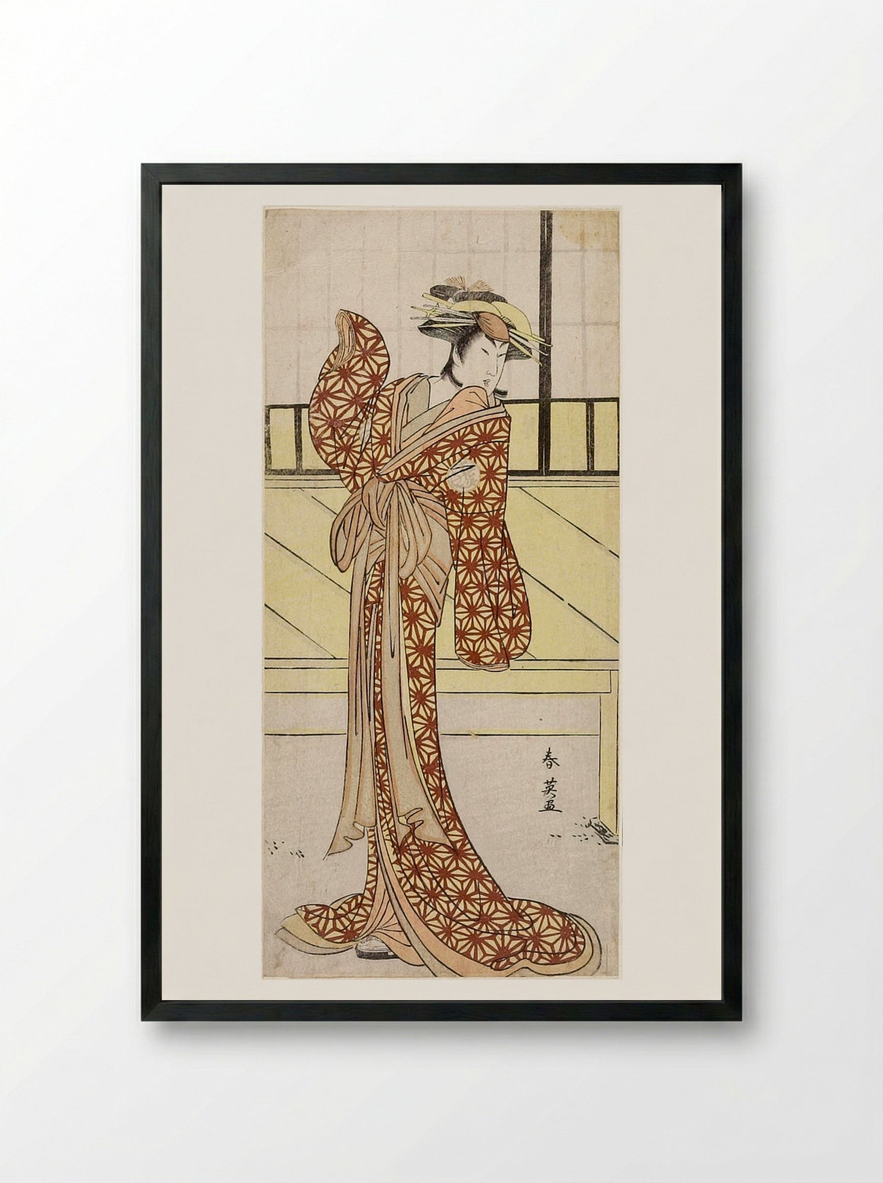 Woman in Yellow Kimono with Red Spider Web Pattern - Katsukawa Shun'ei - Framed Print Black