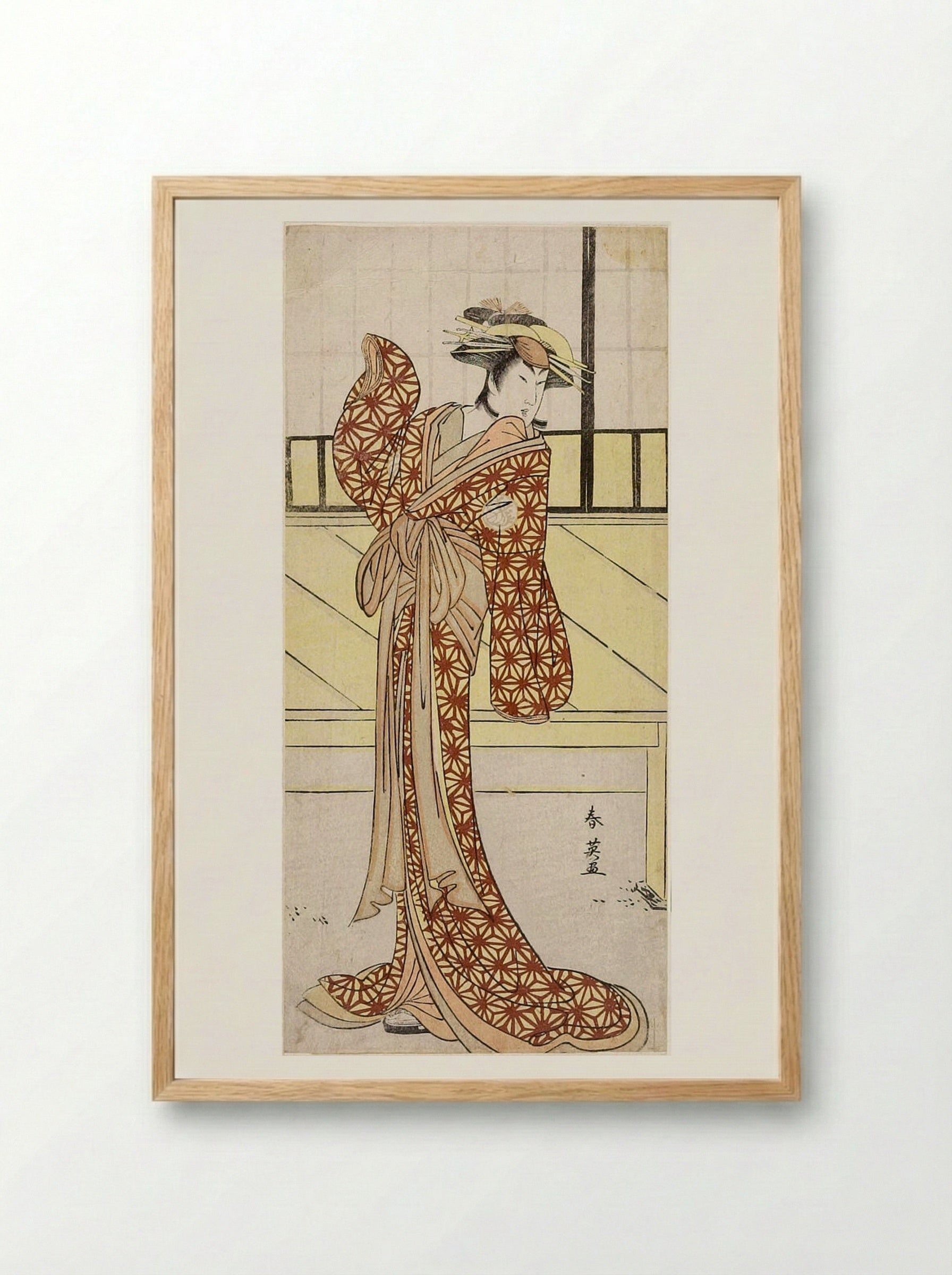 Woman in Yellow Kimono with Red Spider Web Pattern - Katsukawa Shun'ei - Framed Print Wood