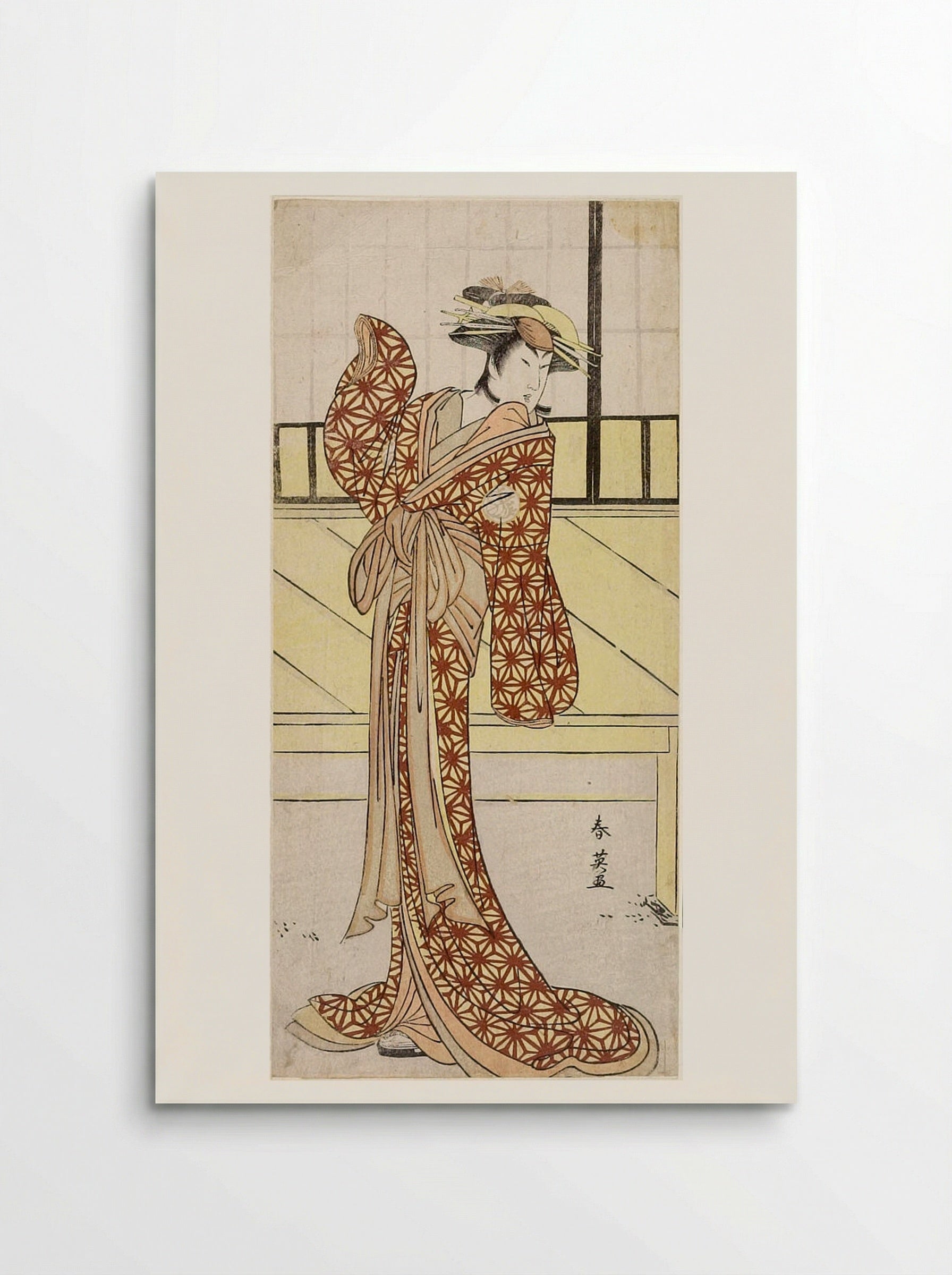 Woman in Yellow Kimono with Red Spider Web Pattern - Katsukawa Shun'ei - Poster