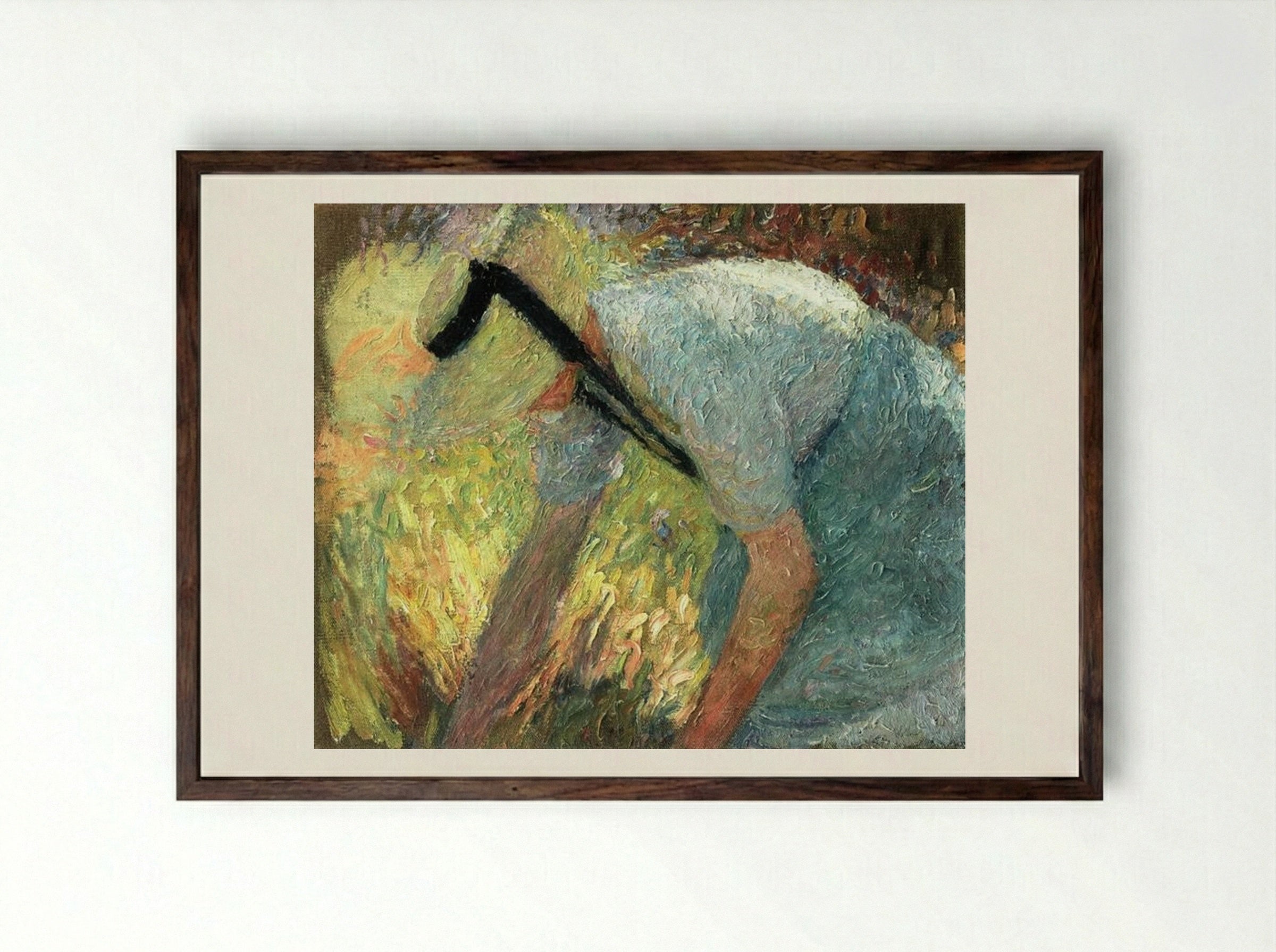 Woman in a Blue Apron and Straw Hat, Picking A Spray of Flowers - Henri Martin - Framed Print Dark Wood