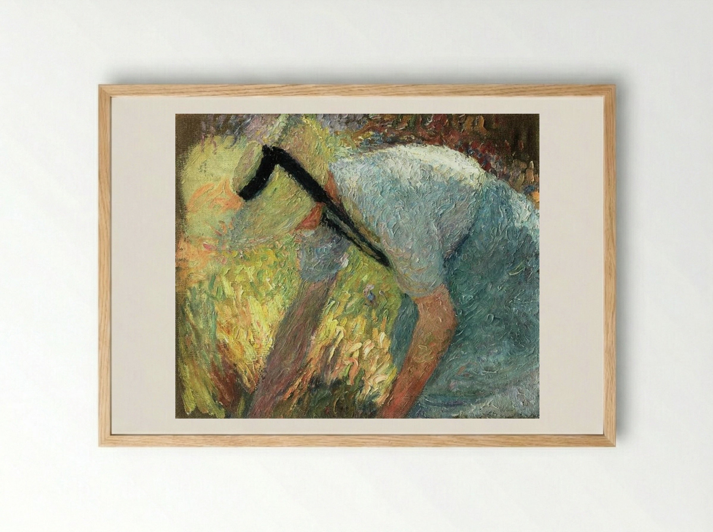 Woman in a Blue Apron and Straw Hat, Picking A Spray of Flowers - Henri Martin - Framed Print Wood