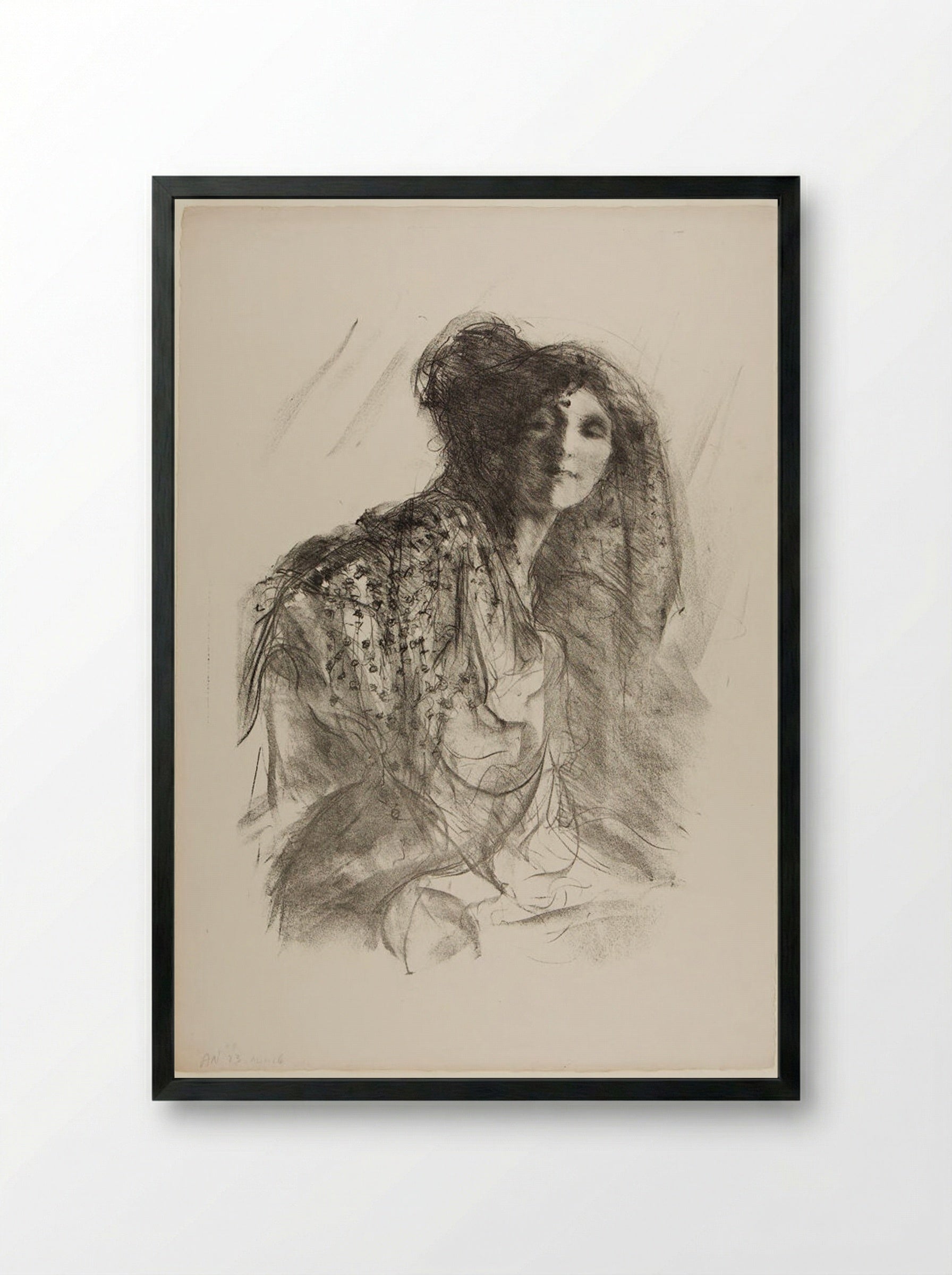 Woman in a Lace Mantilla - Albert Belleroche - Framed Print Black