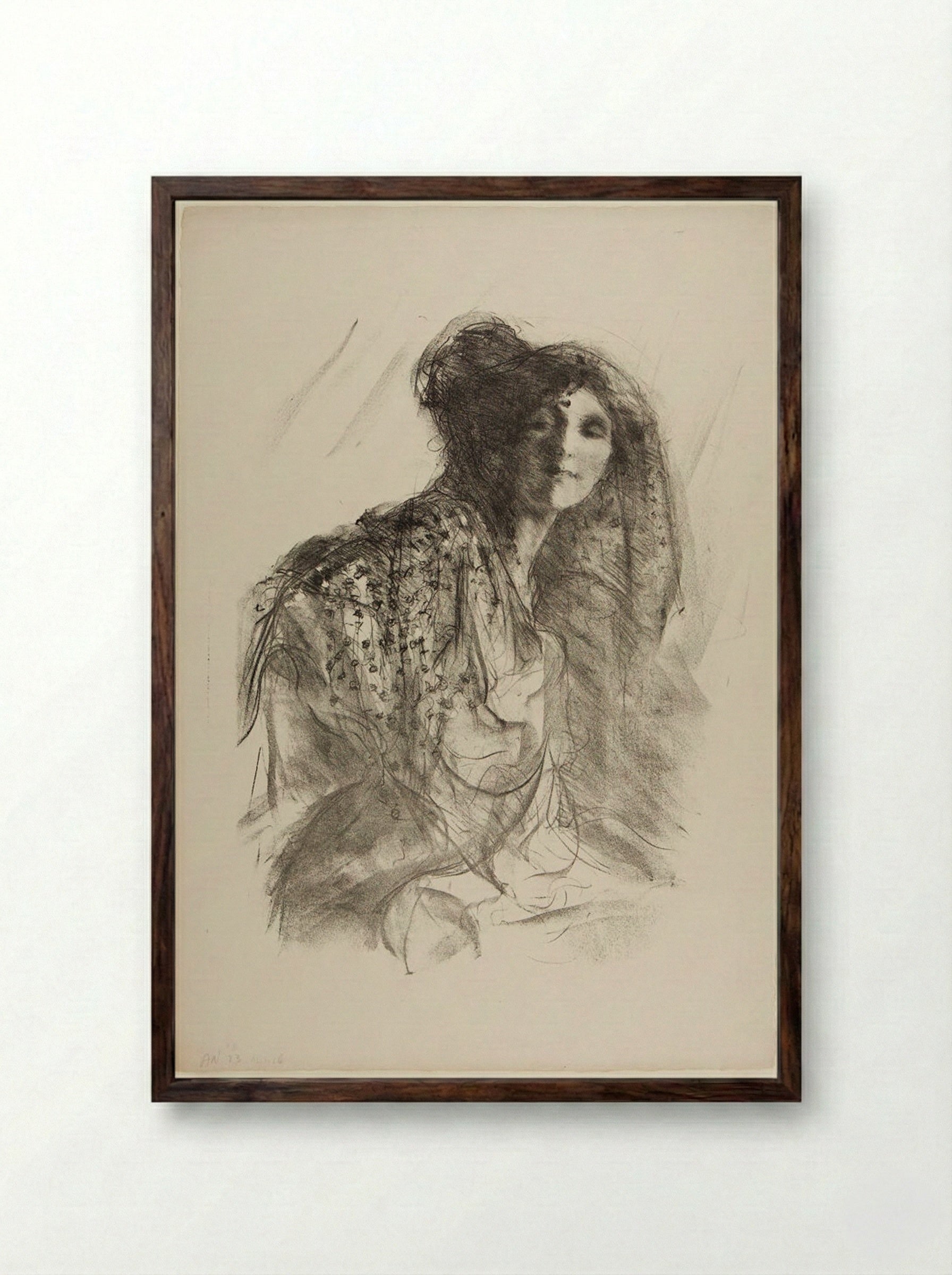 Woman in a Lace Mantilla - Albert Belleroche - Framed Print Dark Wood