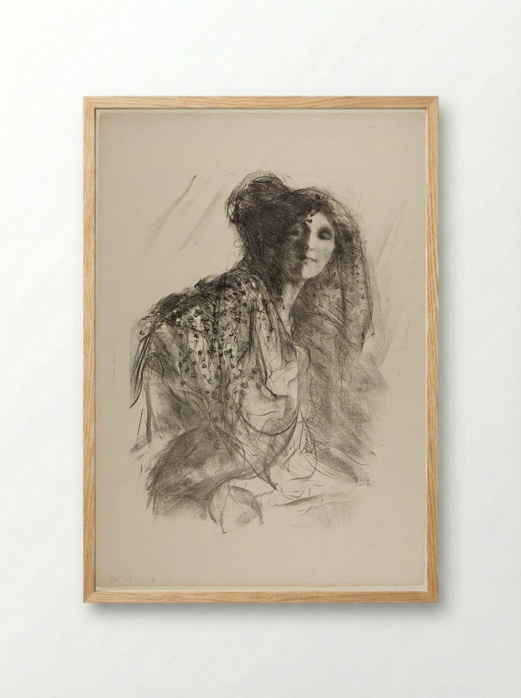 Woman in a Lace Mantilla - Albert Belleroche - Framed Print Wood