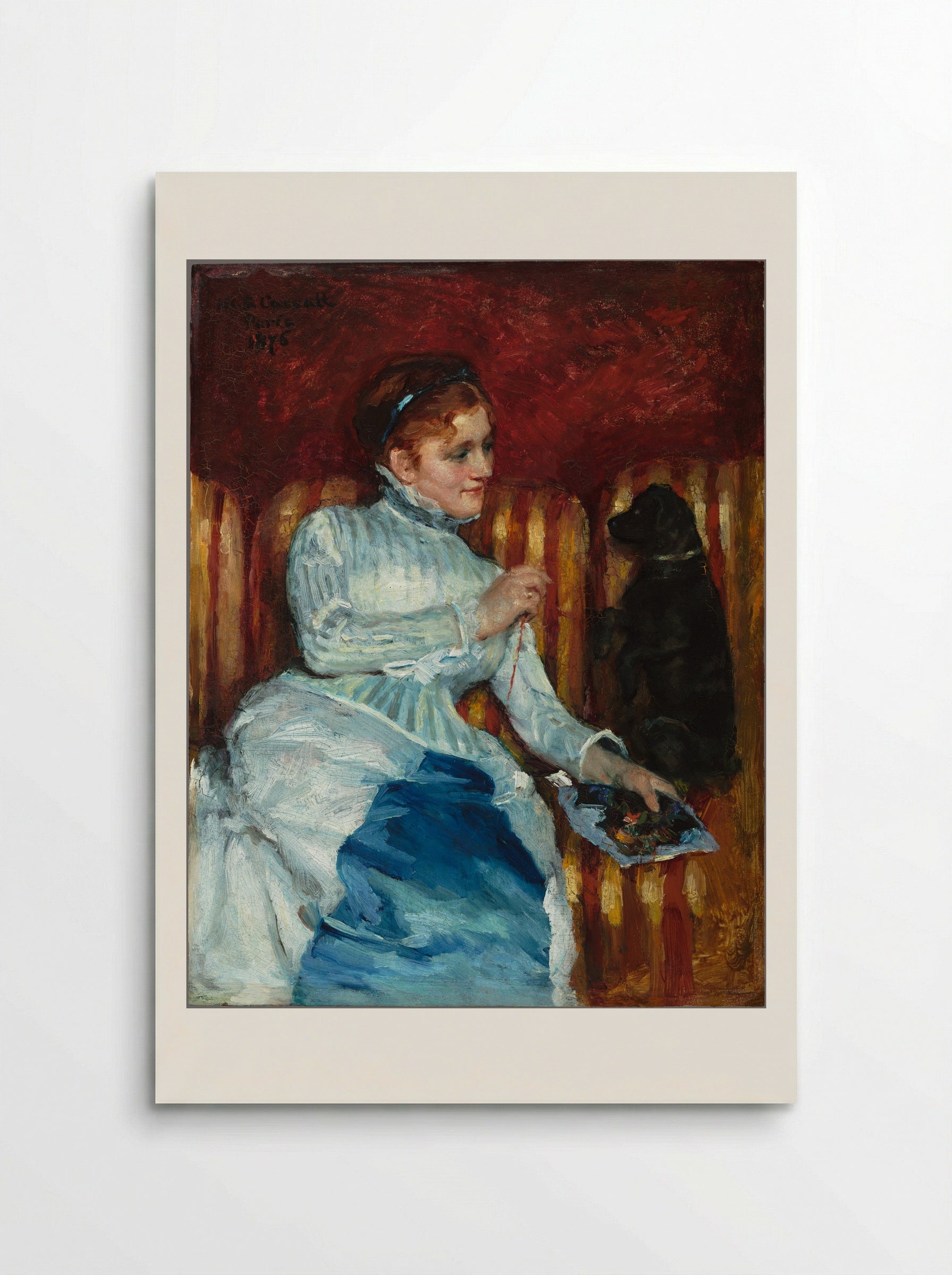 Woman on a Striped Sofa with a Dog - Mary Cassatt - Poster