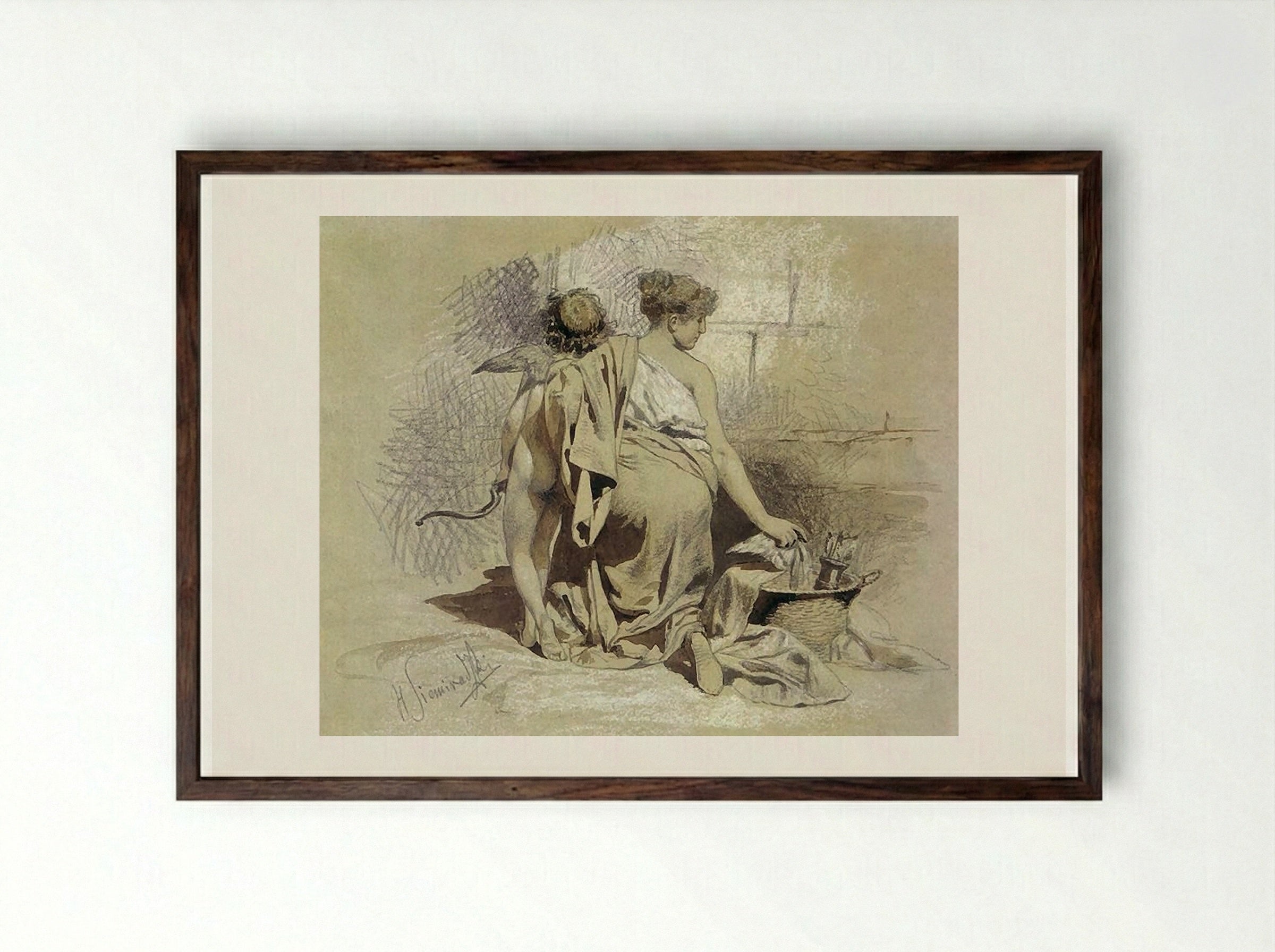 Woman with Amours - Henryk Siemiradzki - Framed Print Dark Wood