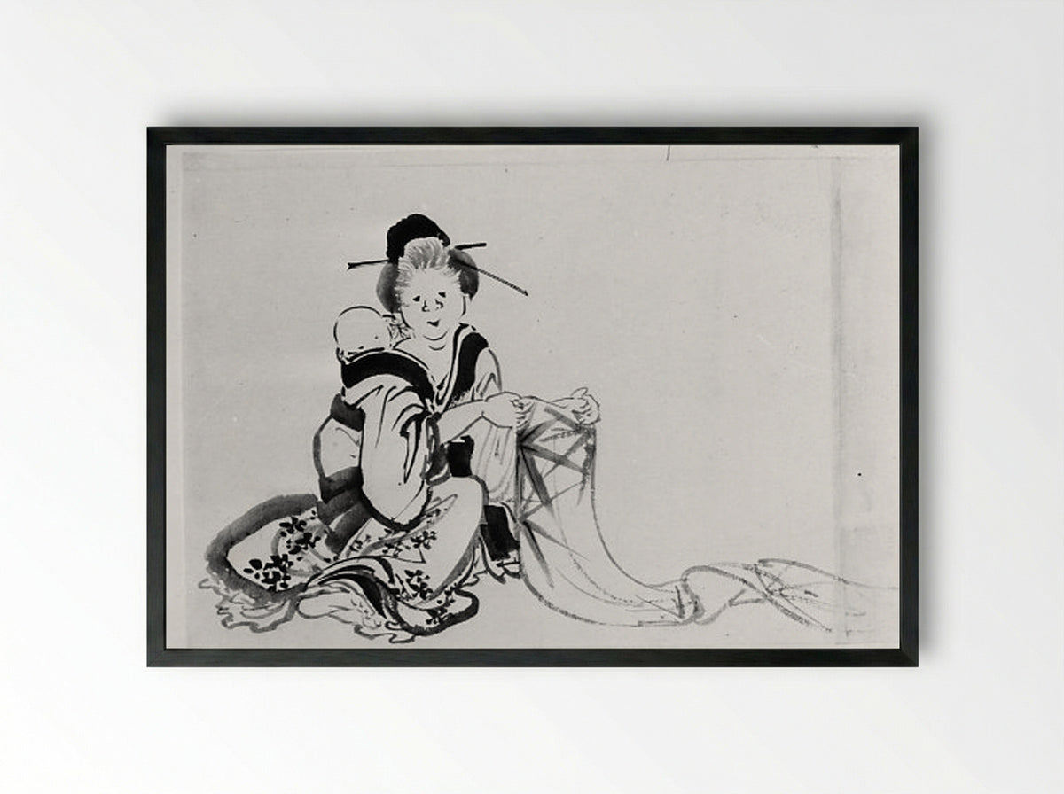 Woman with Baby on Her Back - Hokusai School - Framed Print Black
