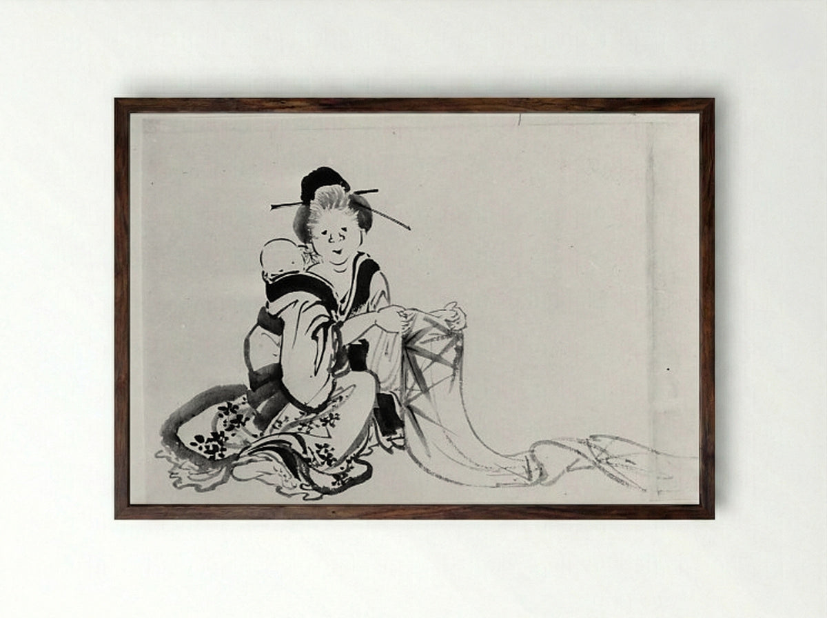 Woman with Baby on Her Back - Hokusai School - Framed Print Dark Wood