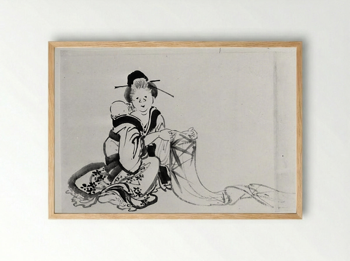 Woman with Baby on Her Back - Hokusai School - Framed Print Wood