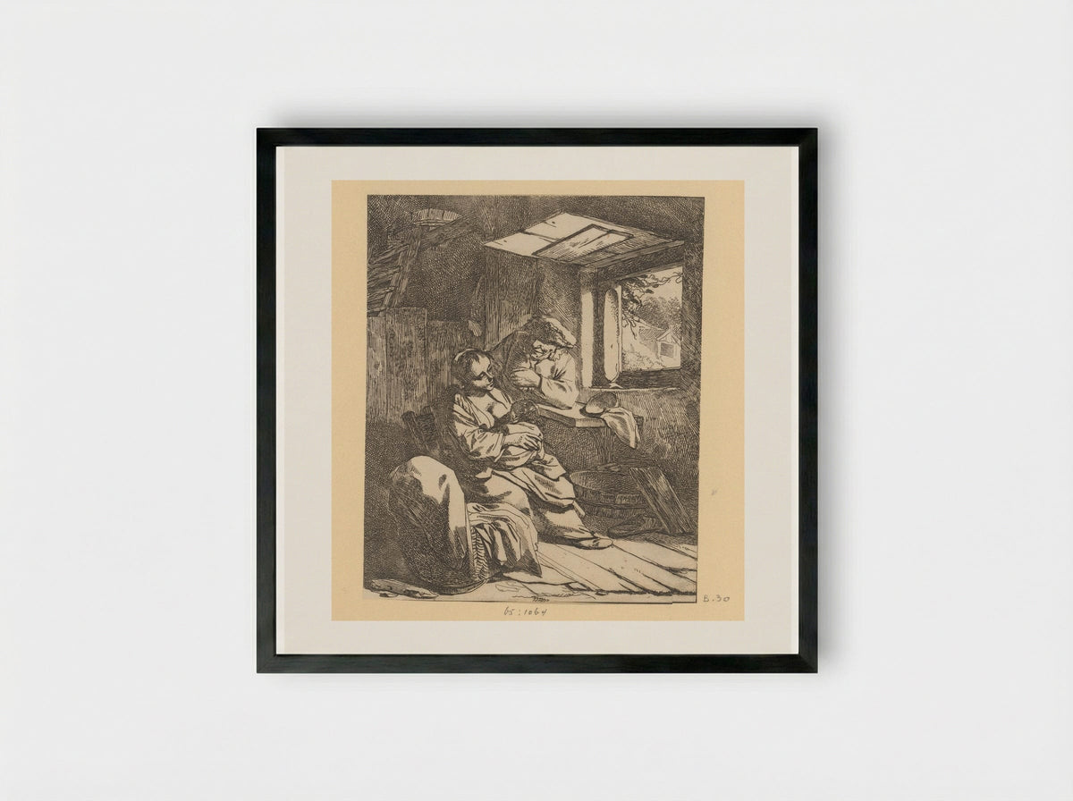 Woman with Child and Man by a Cradle in an Interior with an Open Window - Cornelis Pietersz. Bega - Framed Print Black