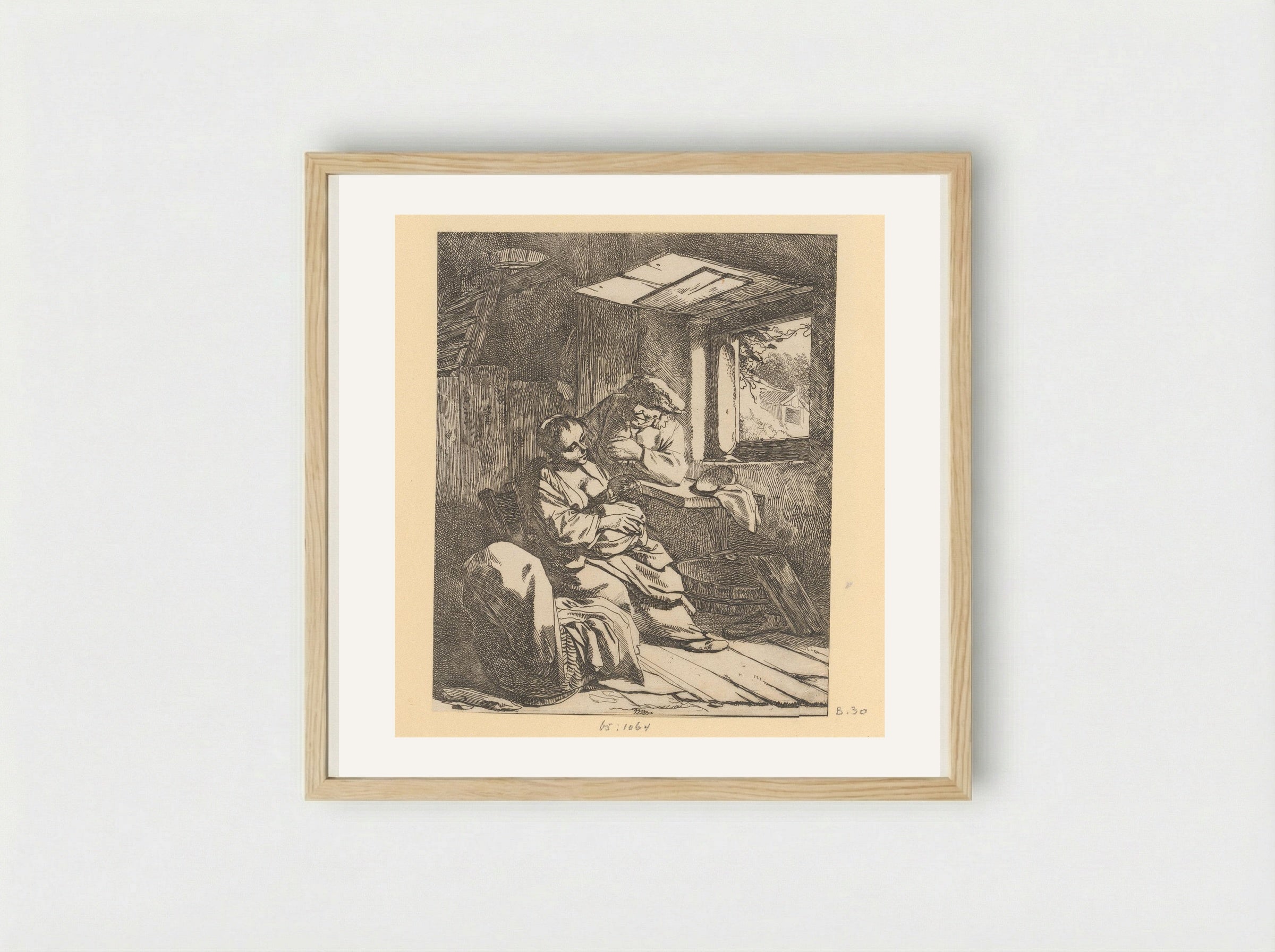 Woman with Child and Man by a Cradle in an Interior with an Open Window - Cornelis Pietersz. Bega - Framed Print Wood