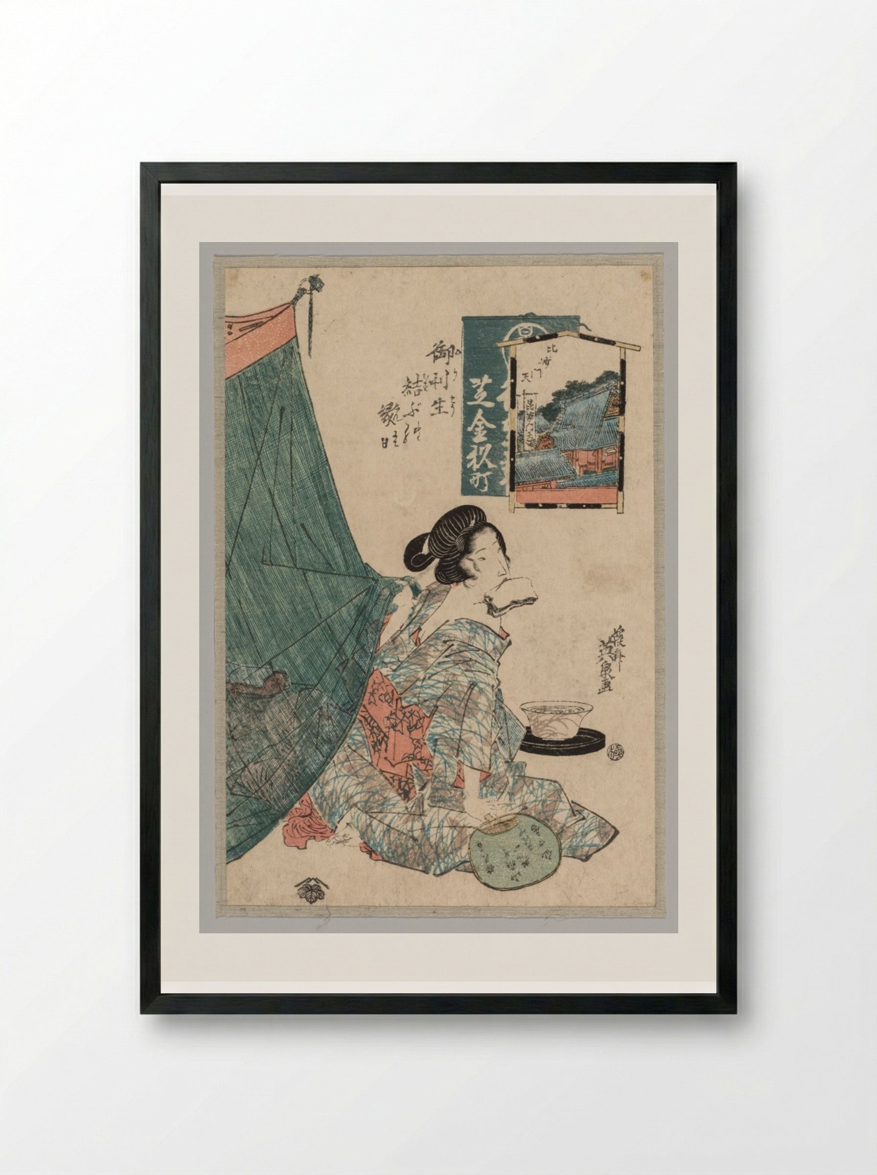 Woman with Papers in Mouth and Fan in Hand - Keisai Eisen - Framed Print Black