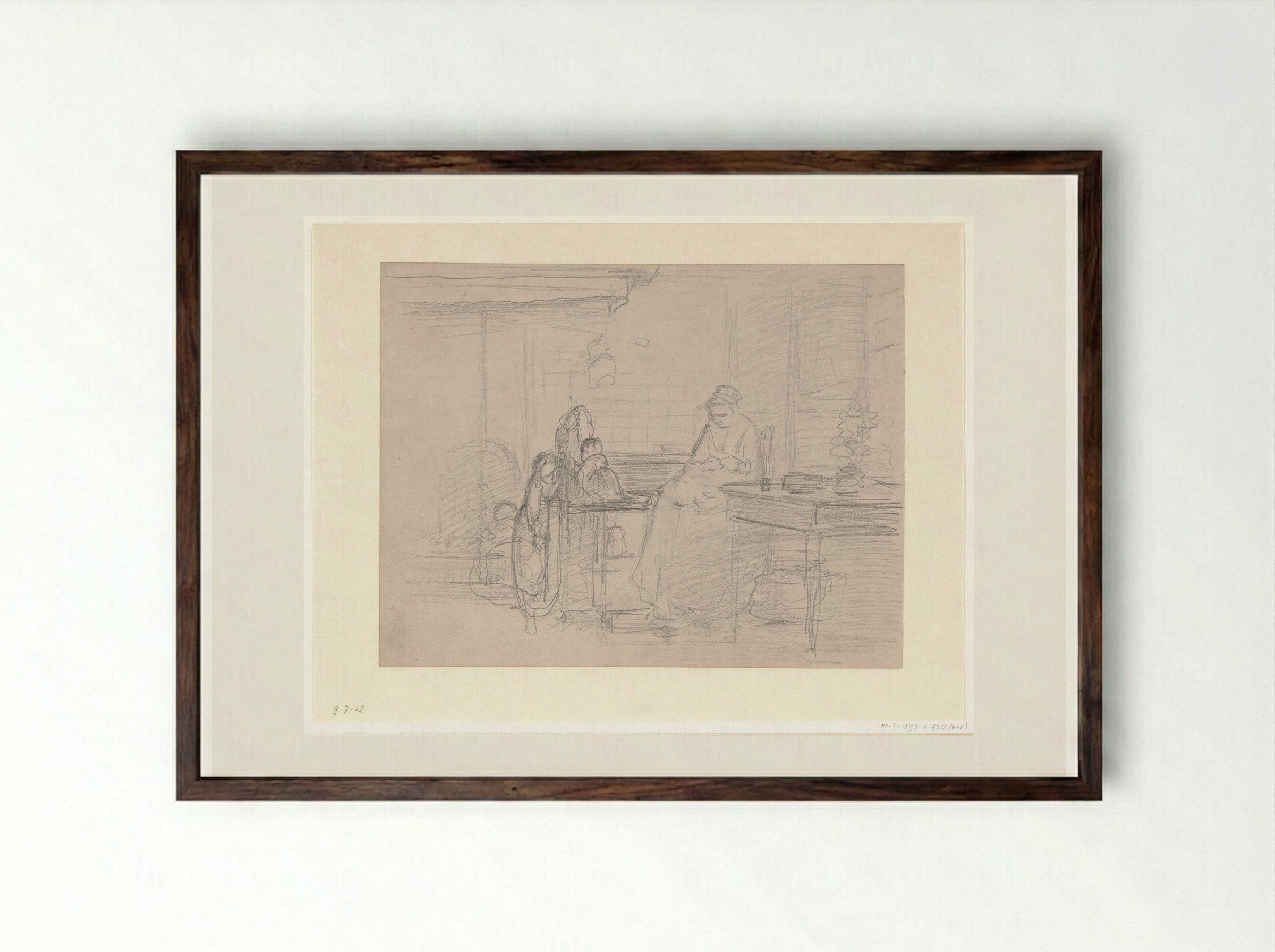 Woman with Two Children in an Interior - Hendrik Valkenburg - Framed Print Dark Wood