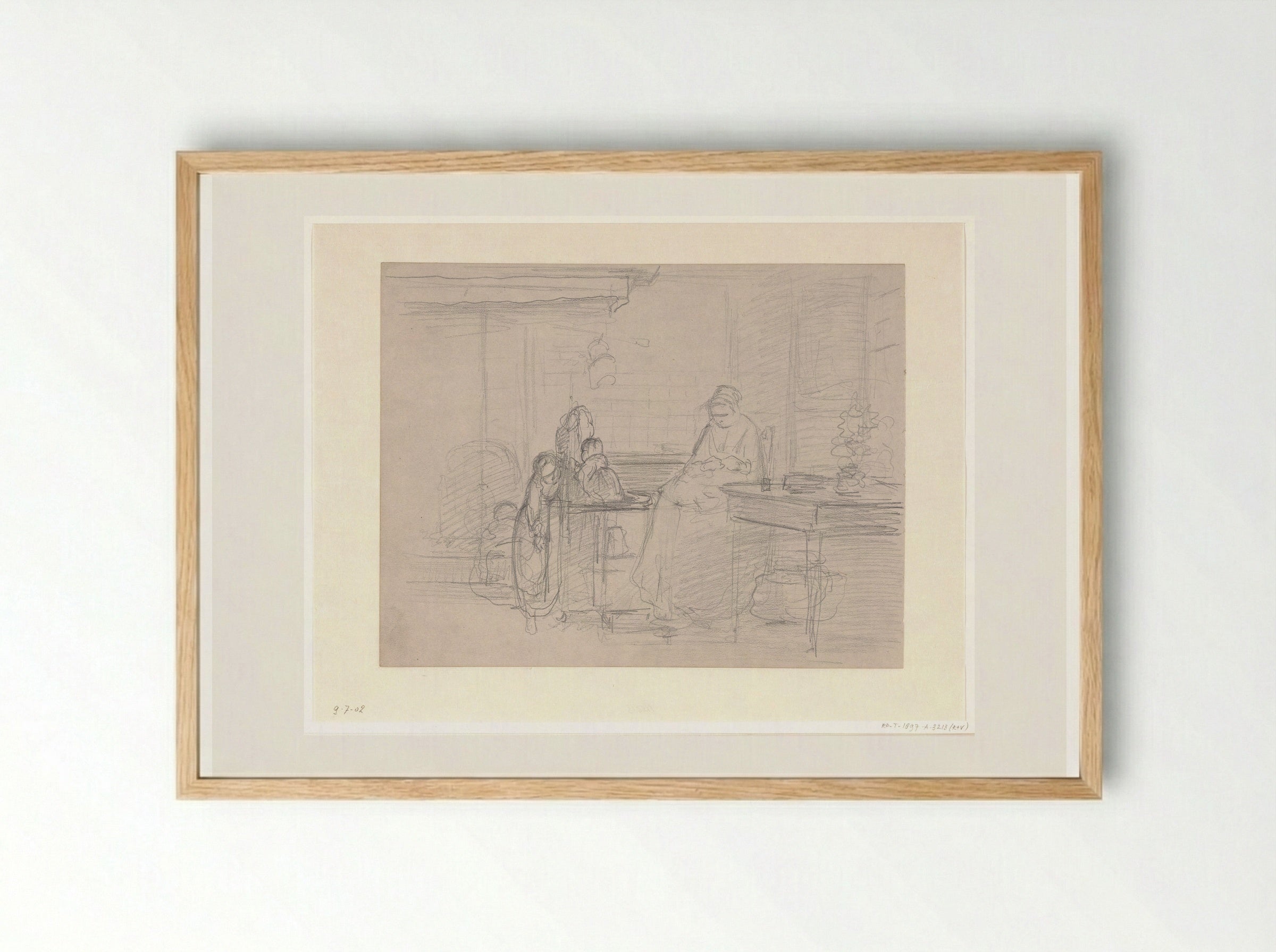 Woman with Two Children in an Interior - Hendrik Valkenburg - Framed Print Wood
