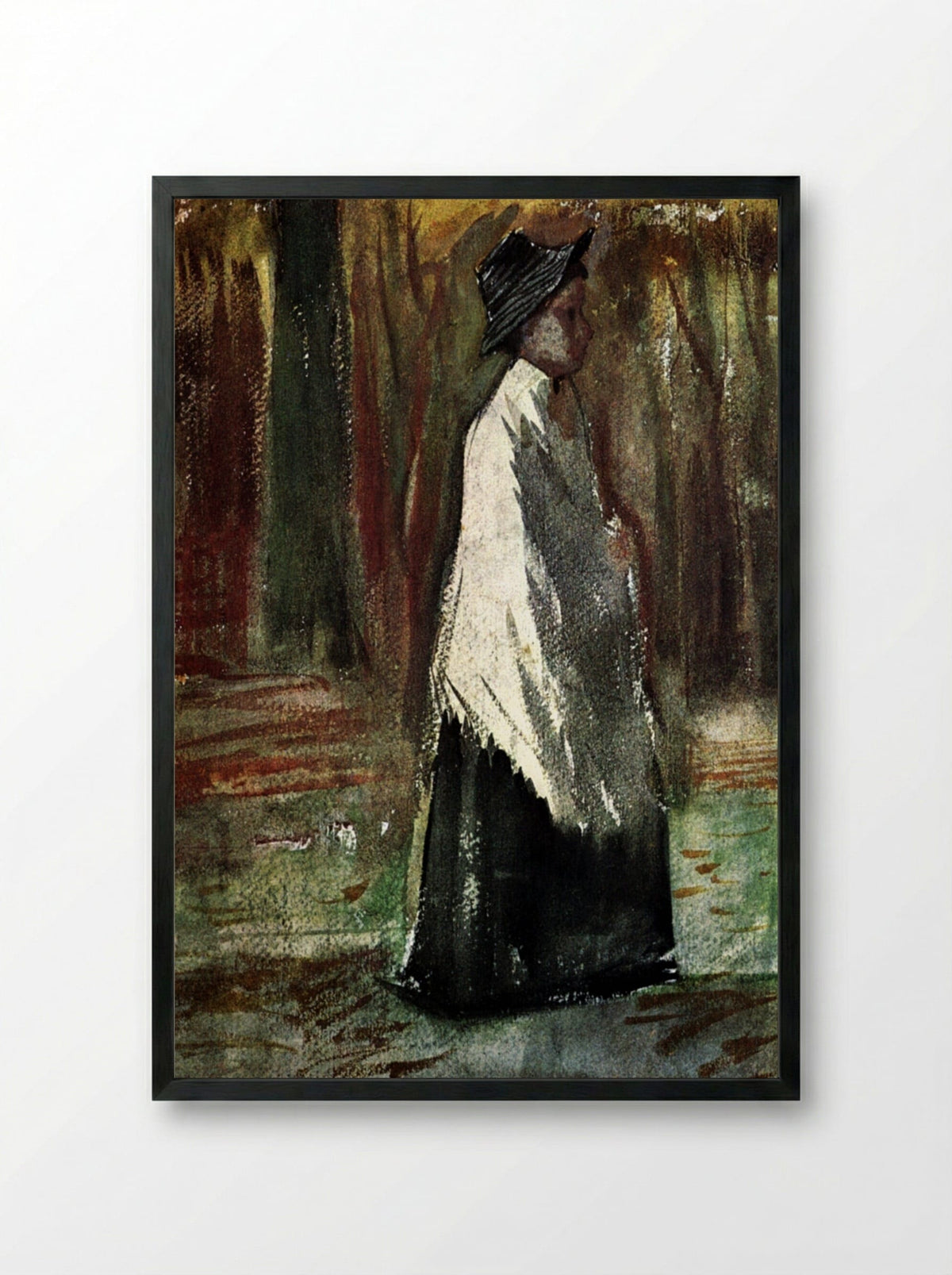Woman with White Shawl in a Wood - Vincent van Gogh - Framed Print Black