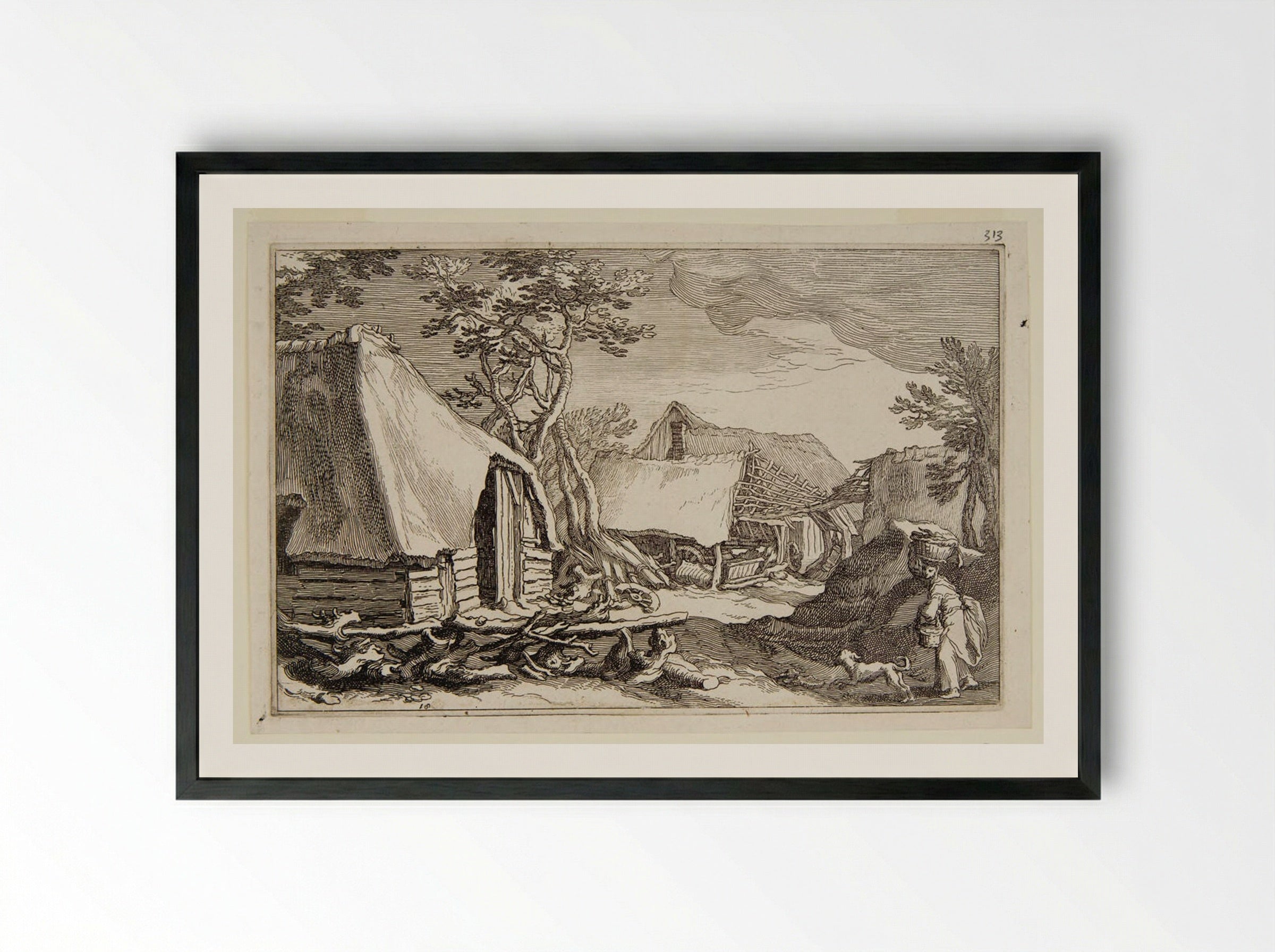 Woman with a Basket Walking into a Cottage Yard - Boetius Adamsz. Bolswert - Framed Print Black