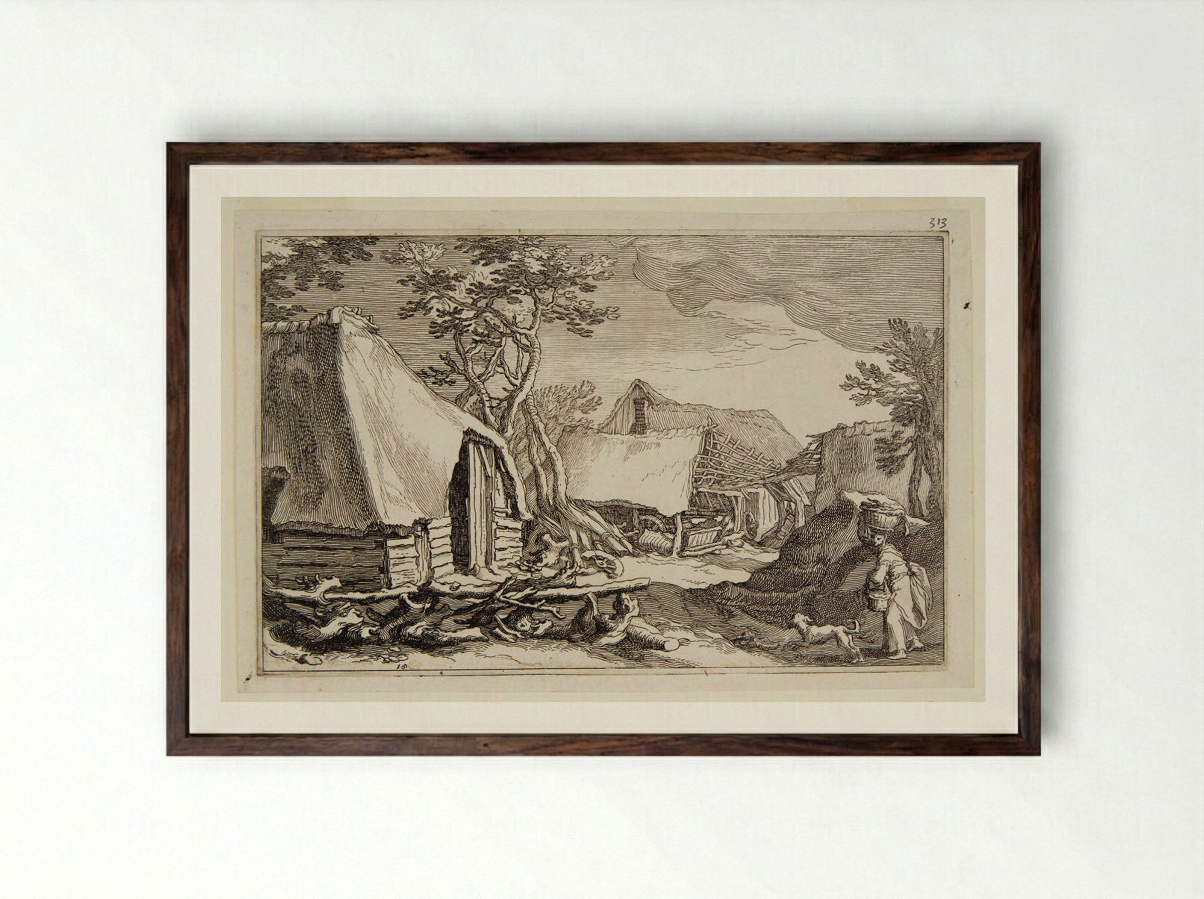 Woman with a Basket Walking into a Cottage Yard - Boetius Adamsz. Bolswert - Framed Print Dark Wood