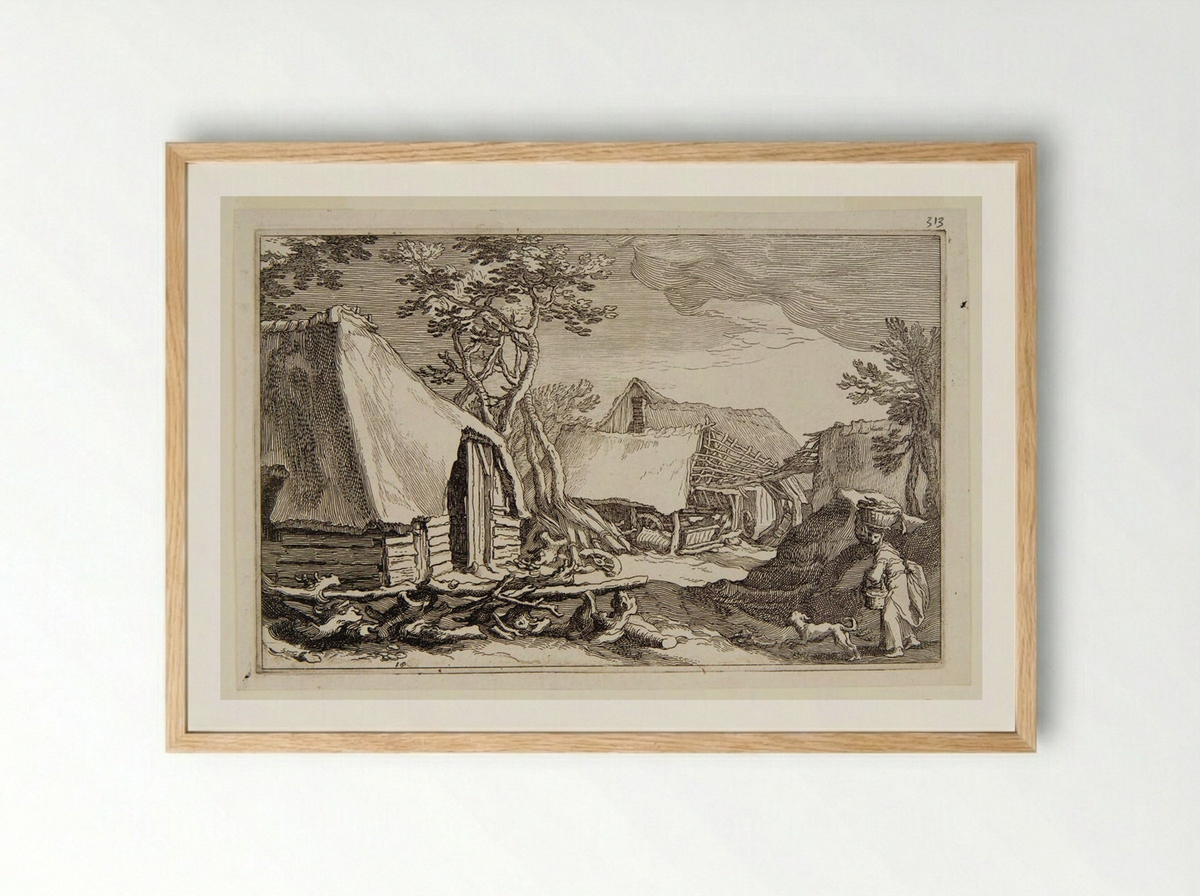 Woman with a Basket Walking into a Cottage Yard - Boetius Adamsz. Bolswert - Framed Print Wood