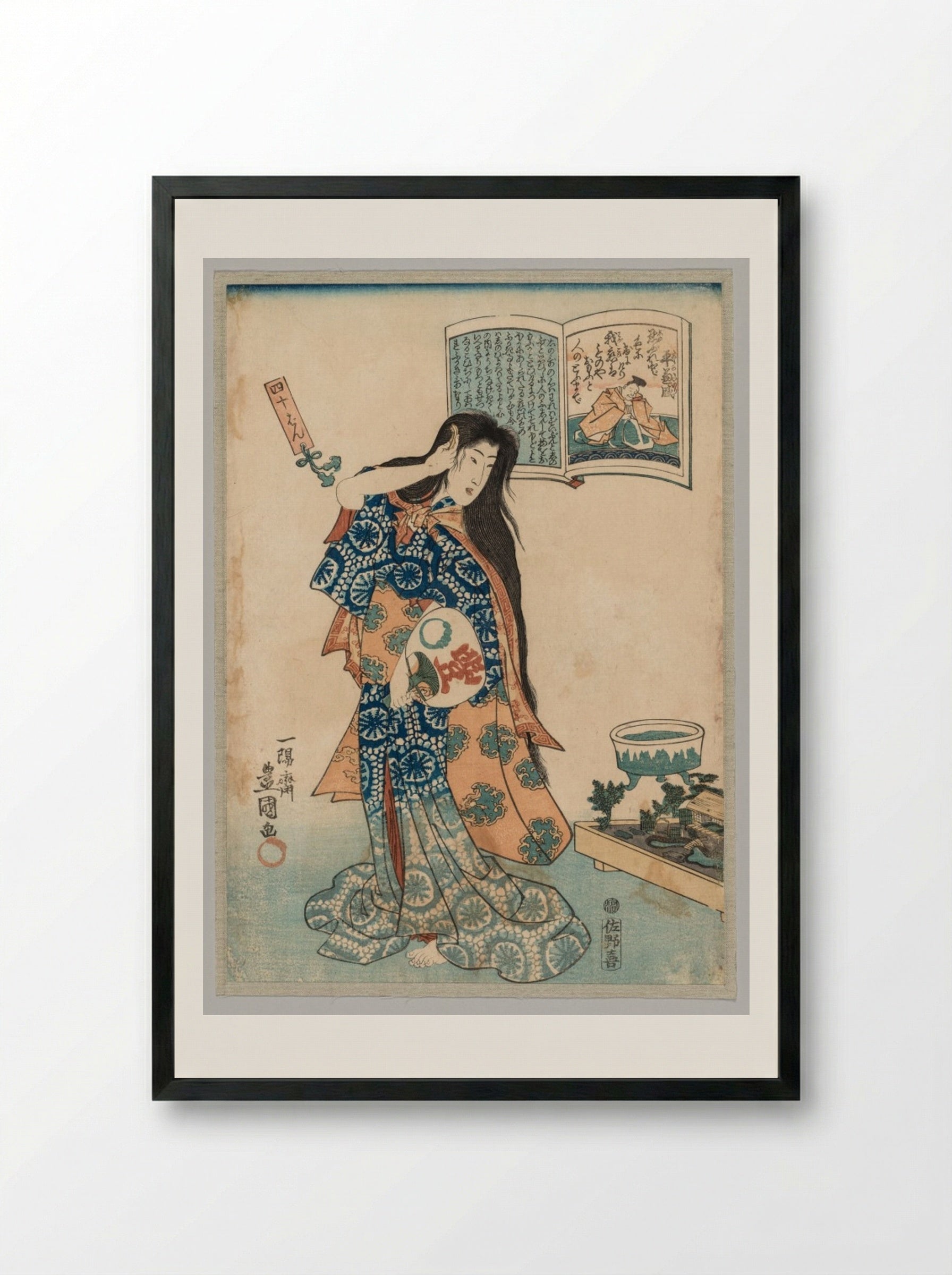 Woman with a Fan in her Left Hand Combing her Hair - Utagawa Kunisada - Framed Print Black