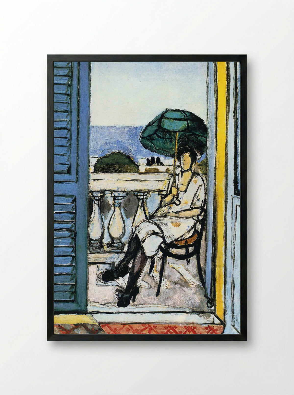 Woman with a Green Parasol on a Balcony - Henri Matisse - Framed Print Black