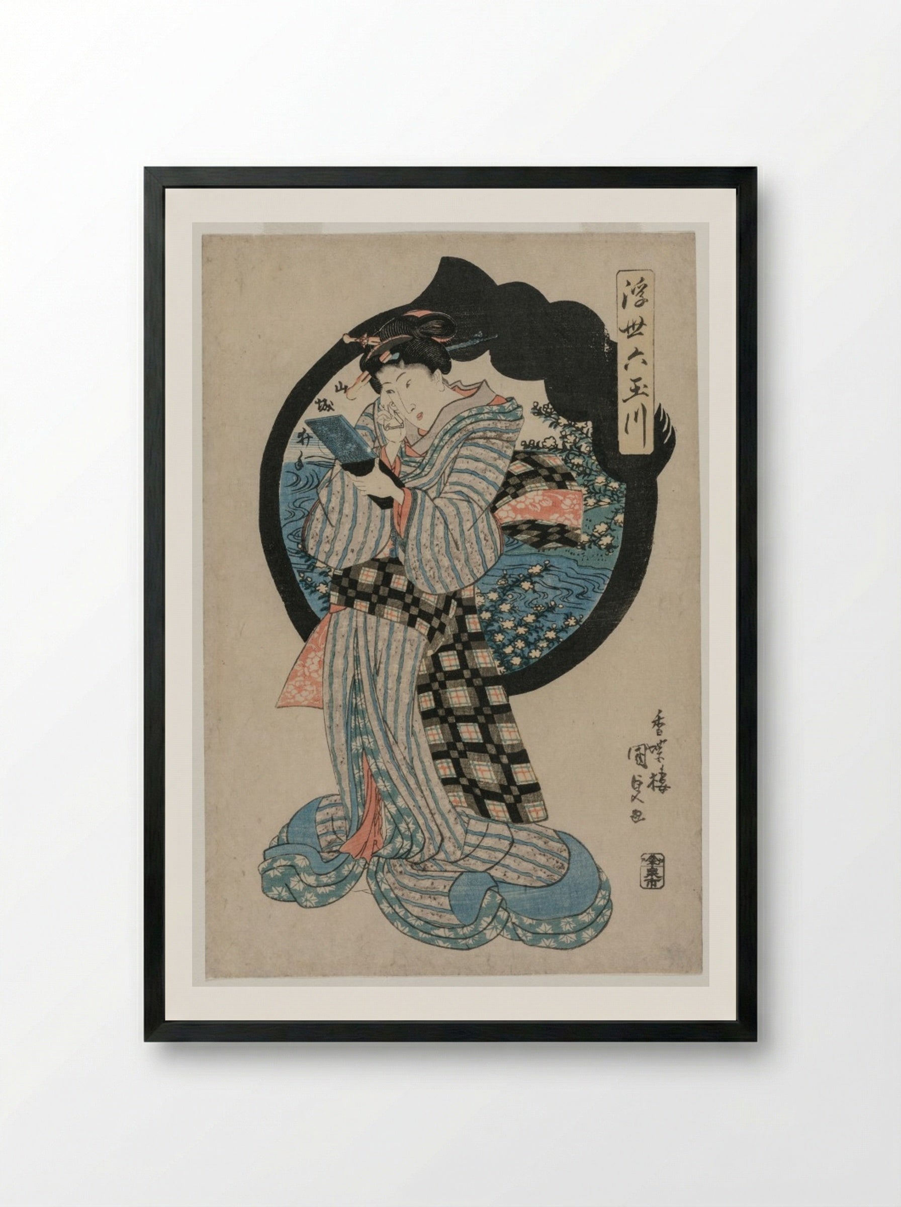 Woman with a Hand Mirror from the series The Six Tama Rivers of the Floating World - Utagawa Kunisada - Framed Print Black