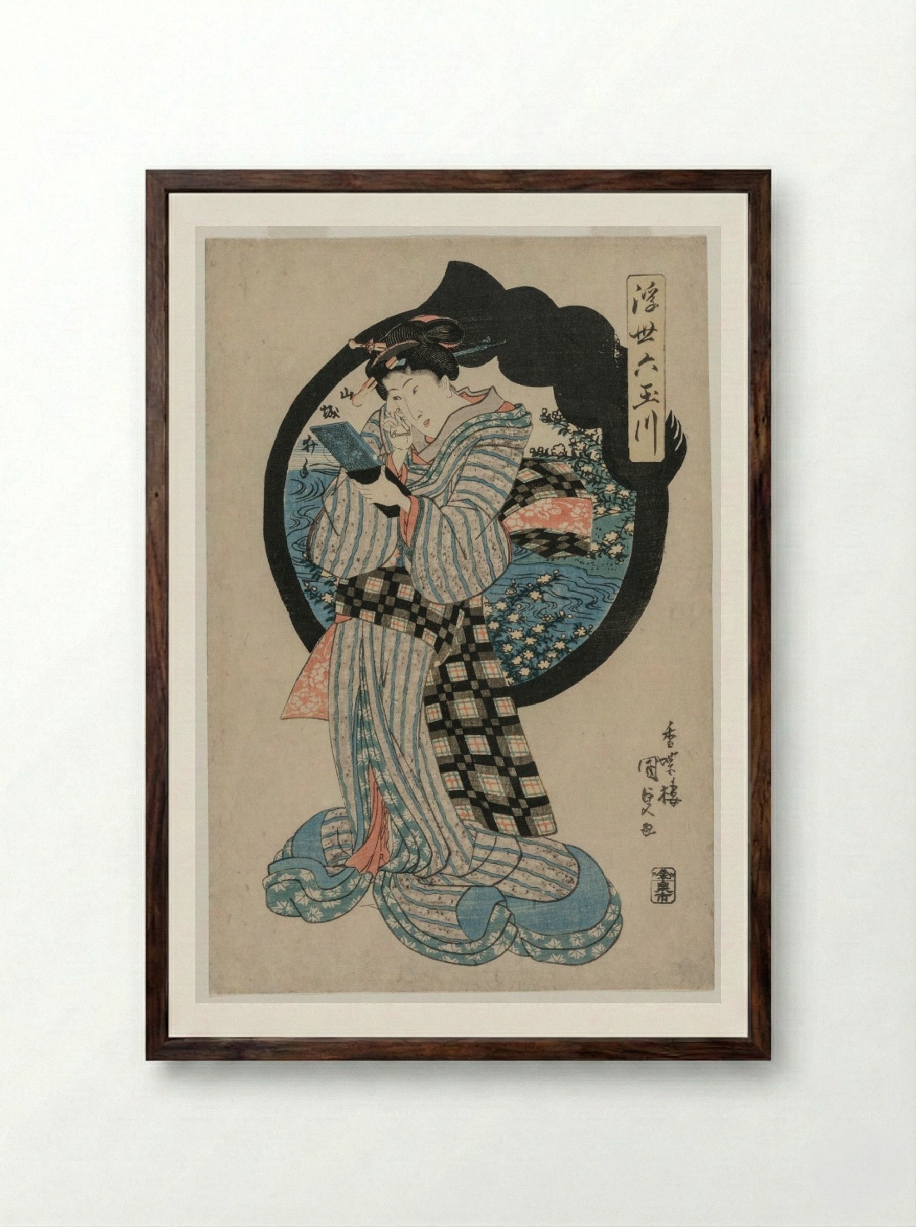 Woman with a Hand Mirror from the series The Six Tama Rivers of the Floating World - Utagawa Kunisada - Framed Print Dark Wood