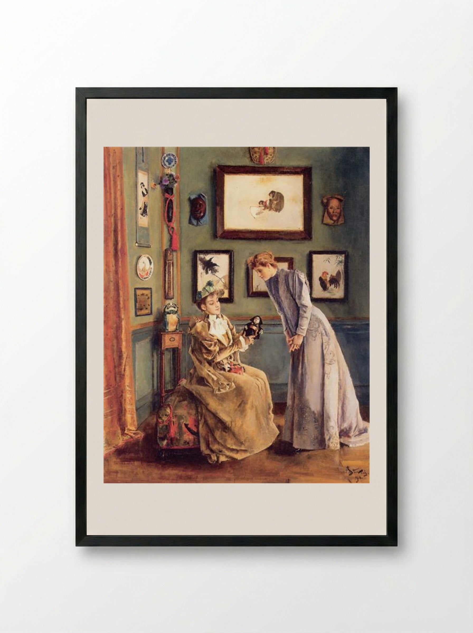 Woman with a Japanese Doll - Alfred Stevens - Framed Print Black