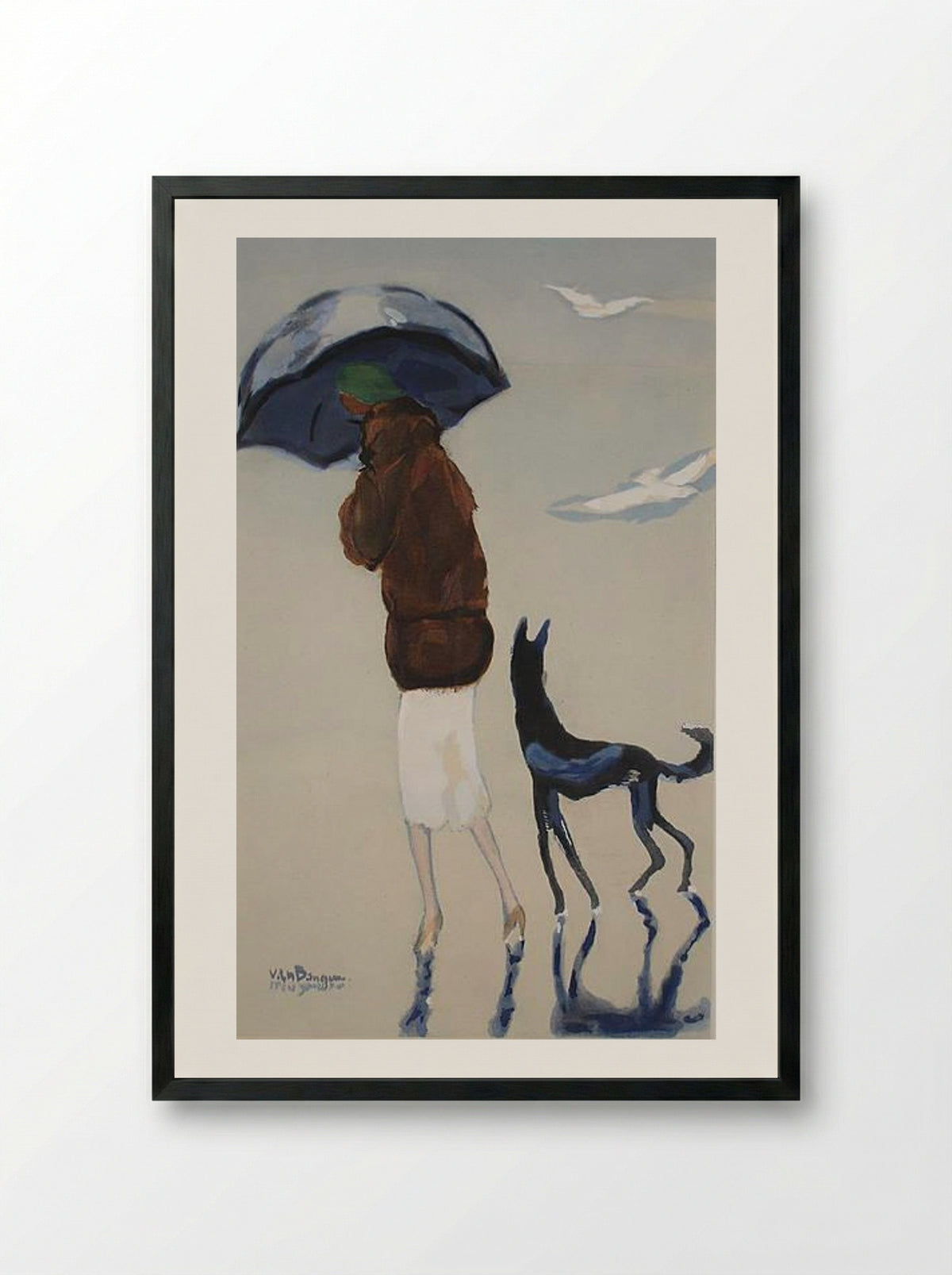 Woman with a dog walking on the beach - Kees van Dongen - Framed Print Black