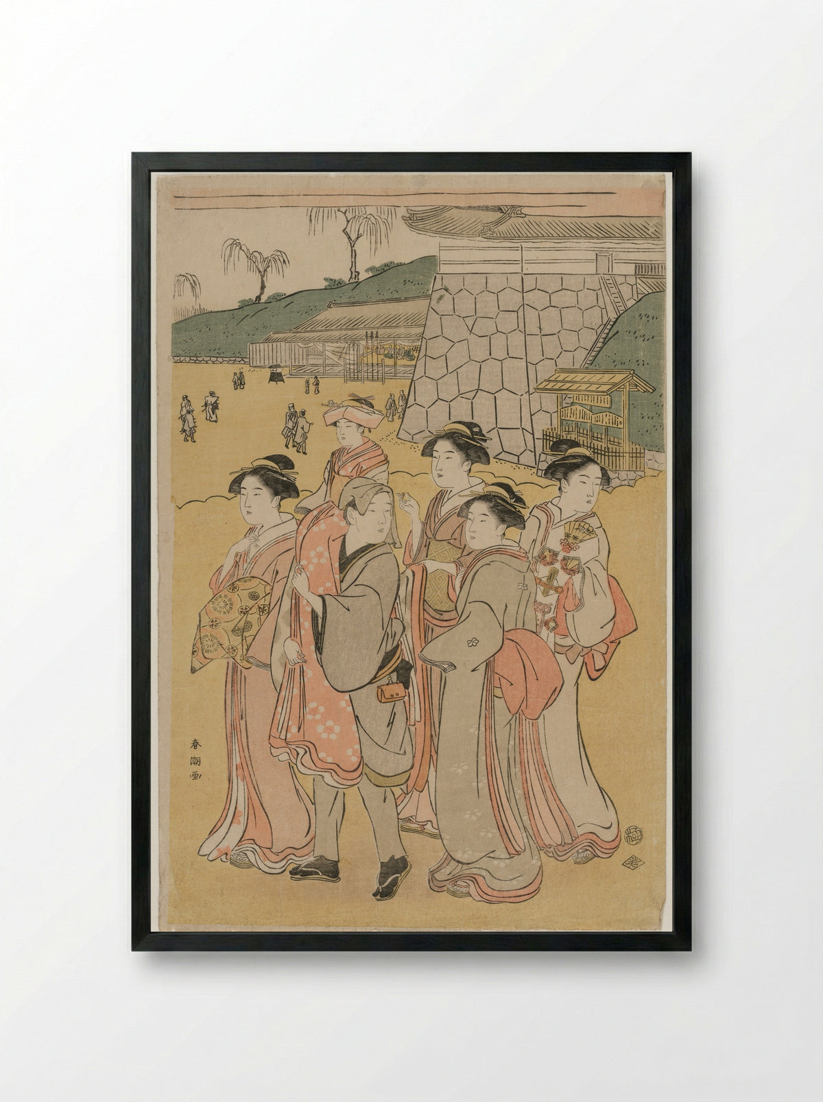 Women Accompanying a Girl to a Shrine - Katsukawa Shunchō - Framed Print Black