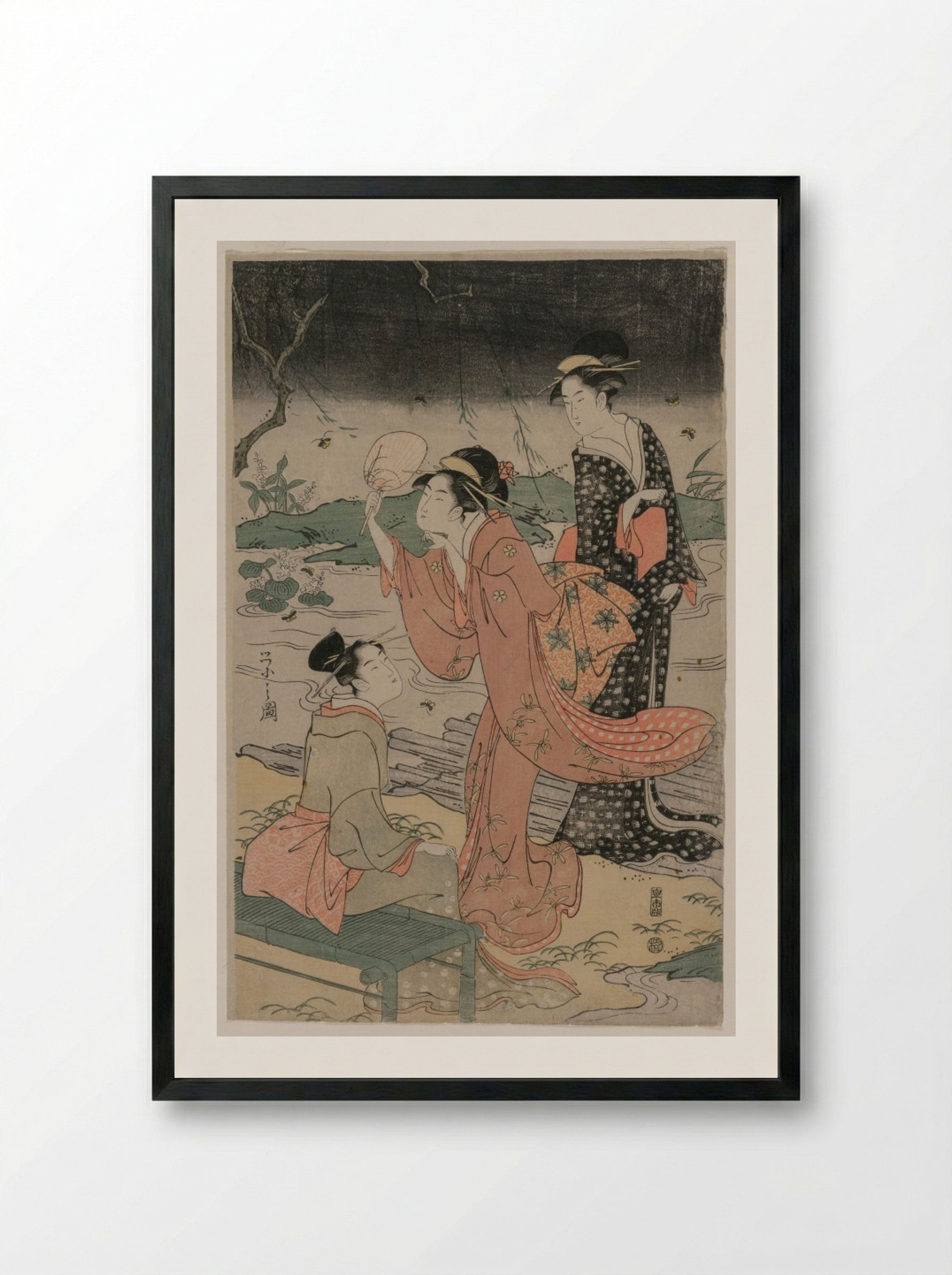 Women Beside a Stream Chasing Fireflies - Chōbunsai Eishi - Framed Print Black