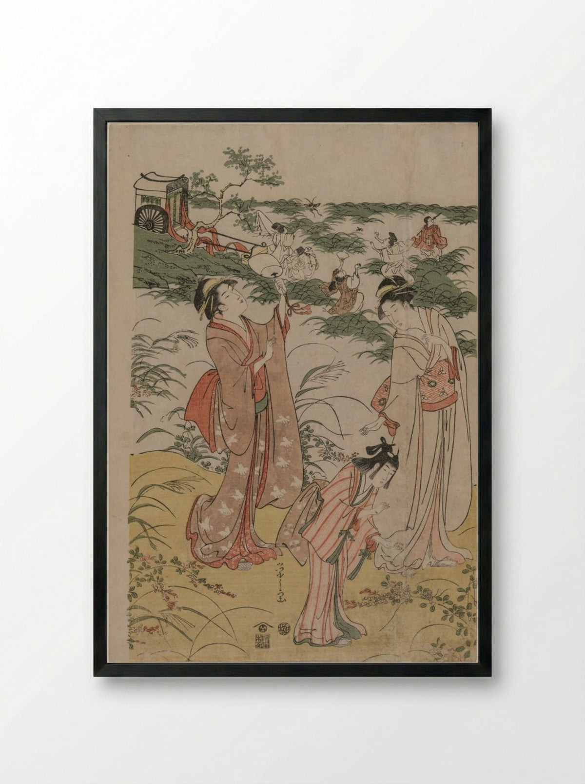 Women Chasing Crickets on an Autumn Moor - Chōbunsai Eishi - Framed Print Black