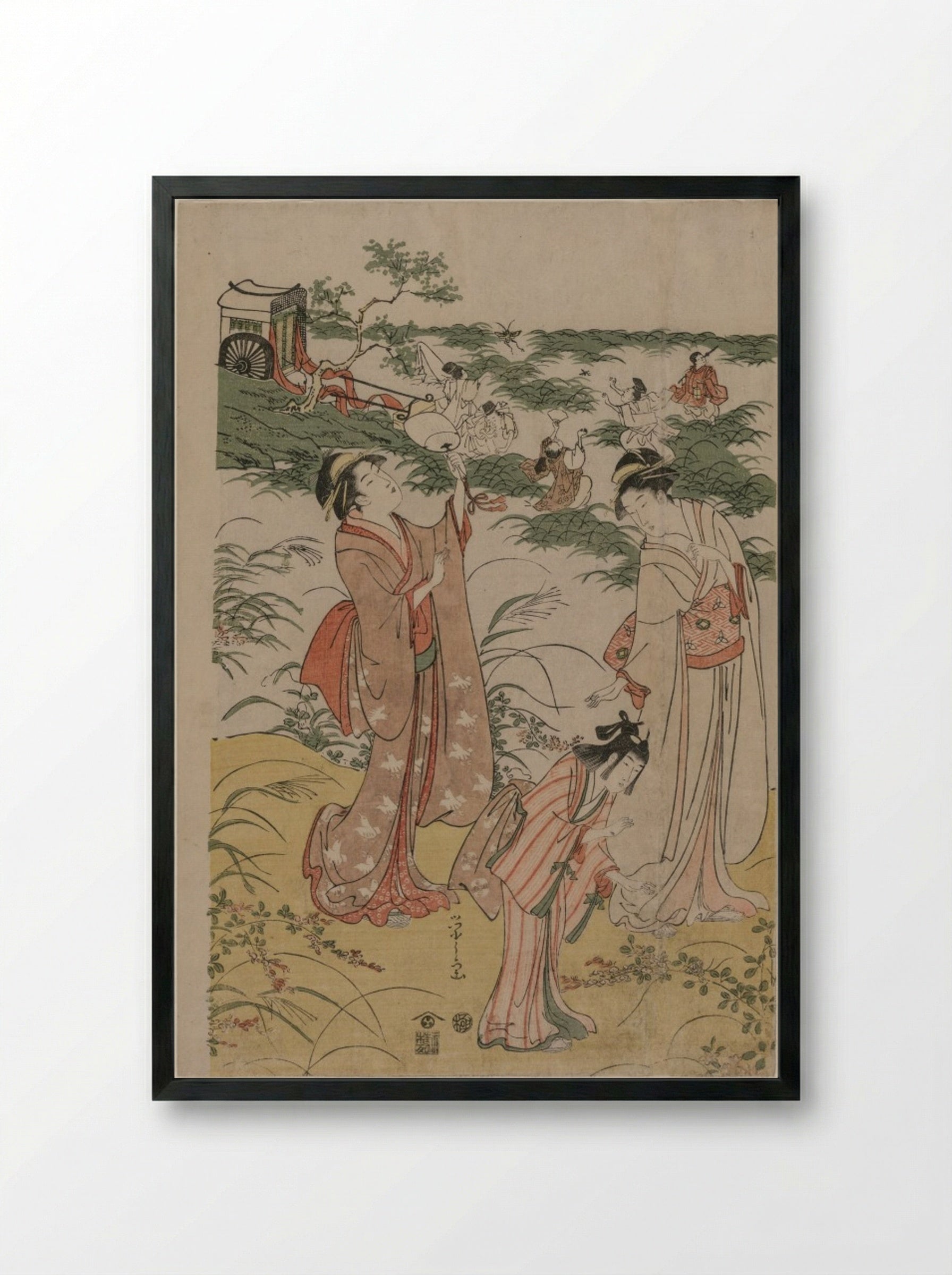 Women Chasing Crickets on an Autumn Moor - Chōbunsai Eishi - Framed Print Black
