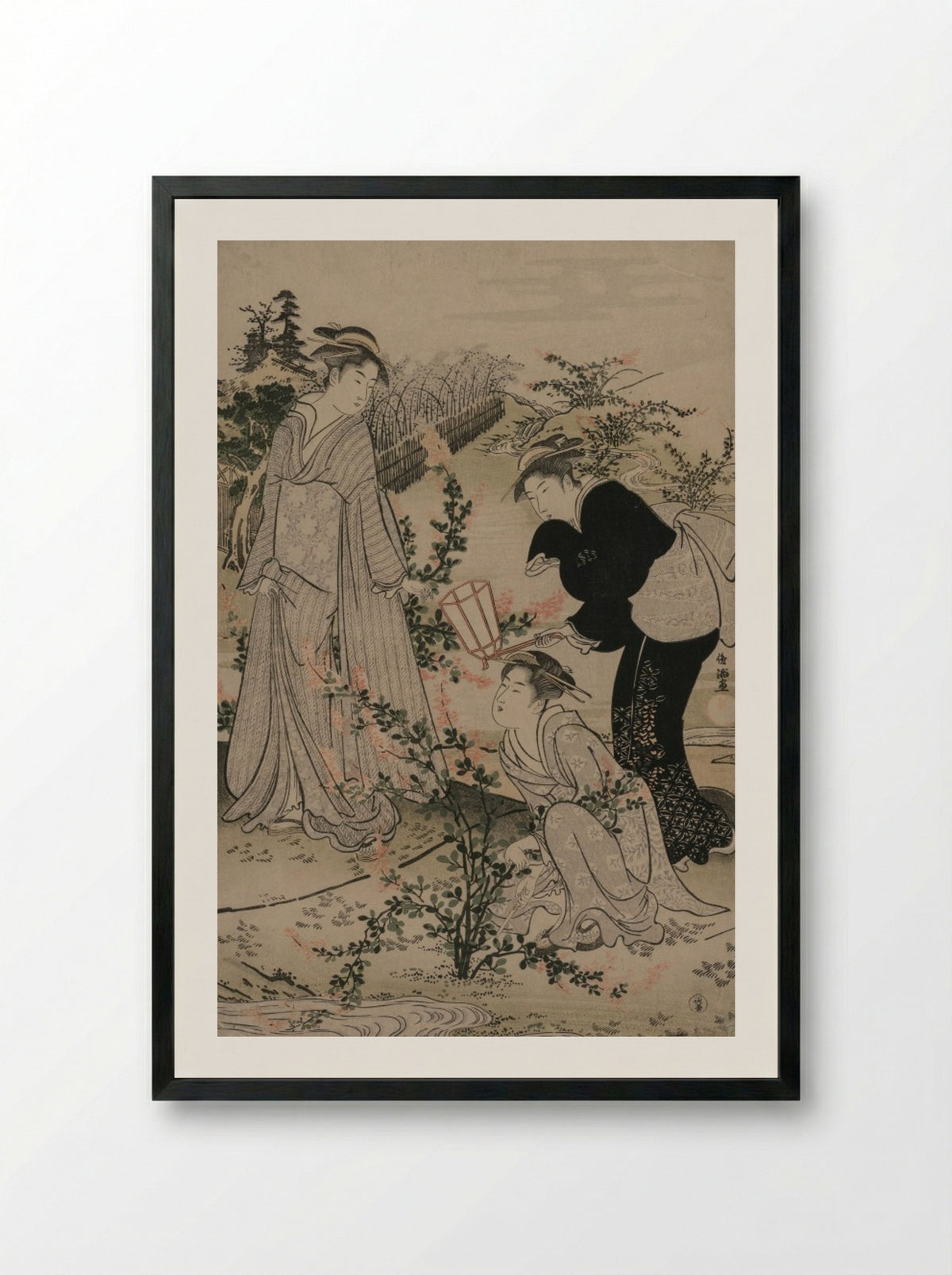 Women Cutting Branches of Bush Clover; The Noji Tama River in Omi Province - Kubo Shunman - Framed Print Black