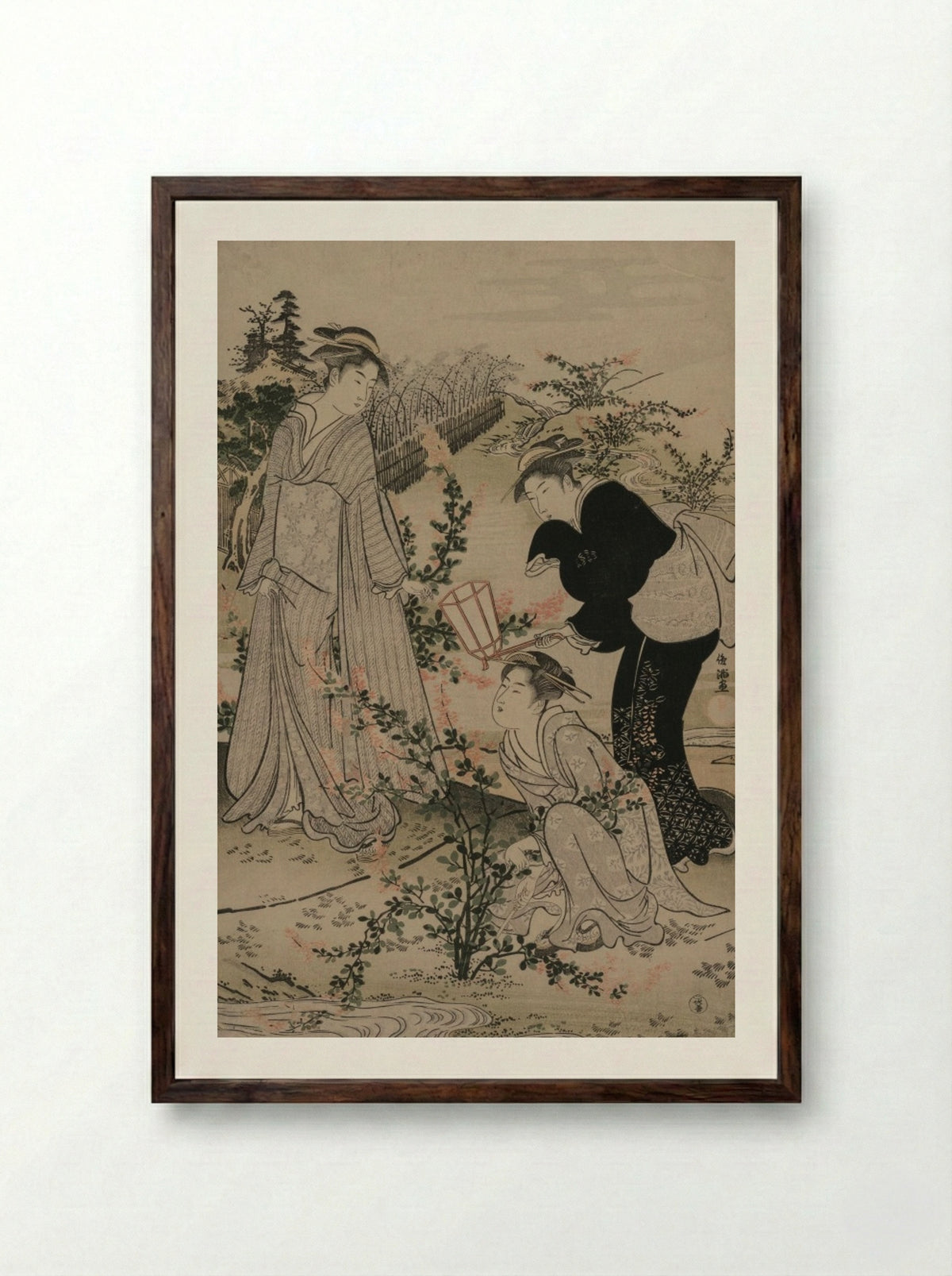 Women Cutting Branches of Bush Clover; The Noji Tama River in Omi Province - Kubo Shunman - Framed Print Dark Wood