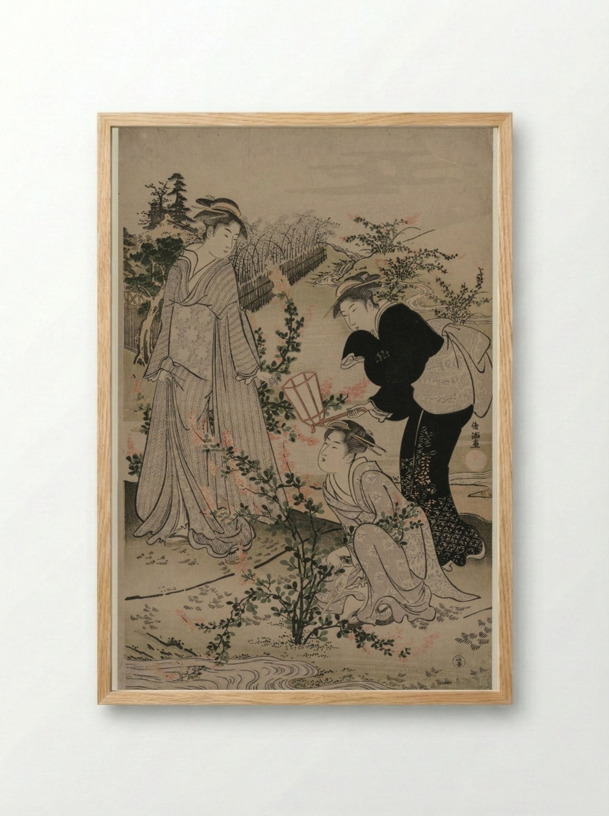Women Cutting Branches of Bush Clover; The Noji Tama River in Omi Province - Kubo Shunman - Framed Print Wood