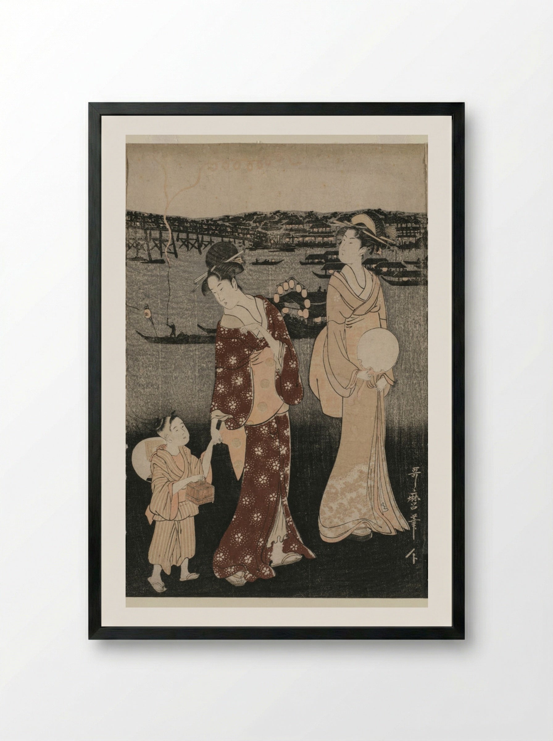 Women Enjoying the Evening Cool Near Ryogoku Bridge - Kitagawa Utamaro - Framed Print Black