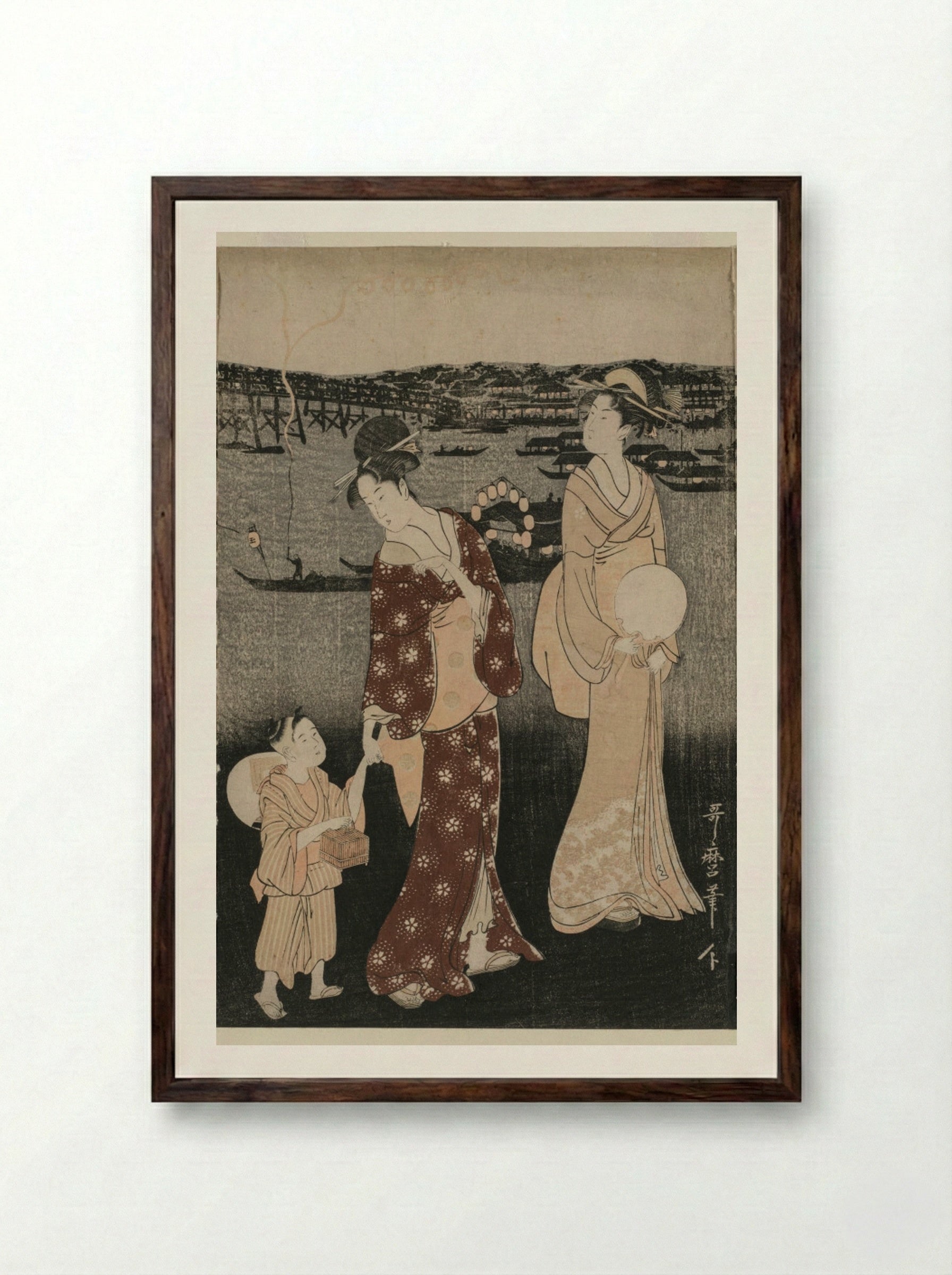 Women Enjoying the Evening Cool Near Ryogoku Bridge - Kitagawa Utamaro - Framed Print Dark Wood