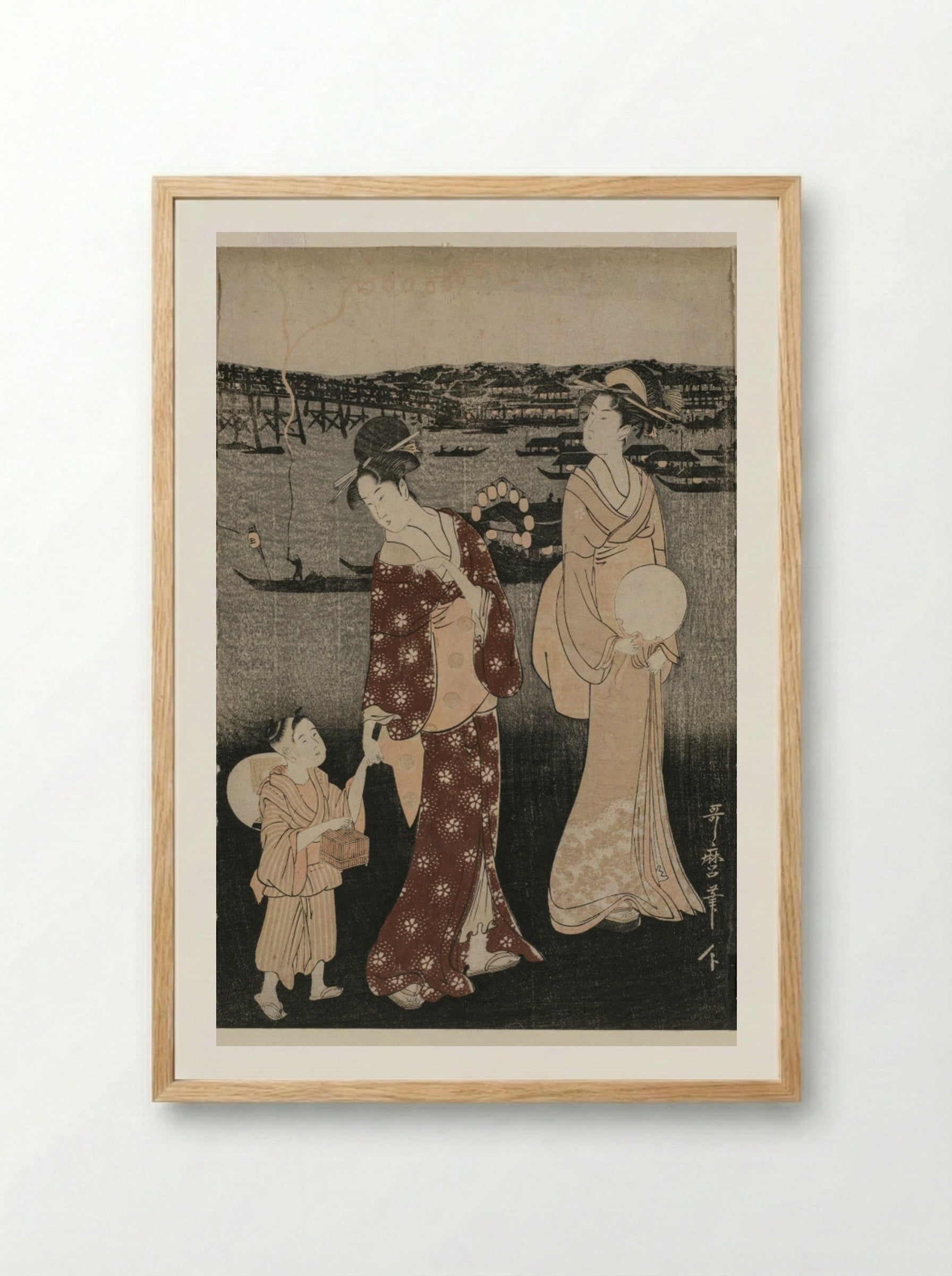 Women Enjoying the Evening Cool Near Ryogoku Bridge - Kitagawa Utamaro - Framed Print Wood