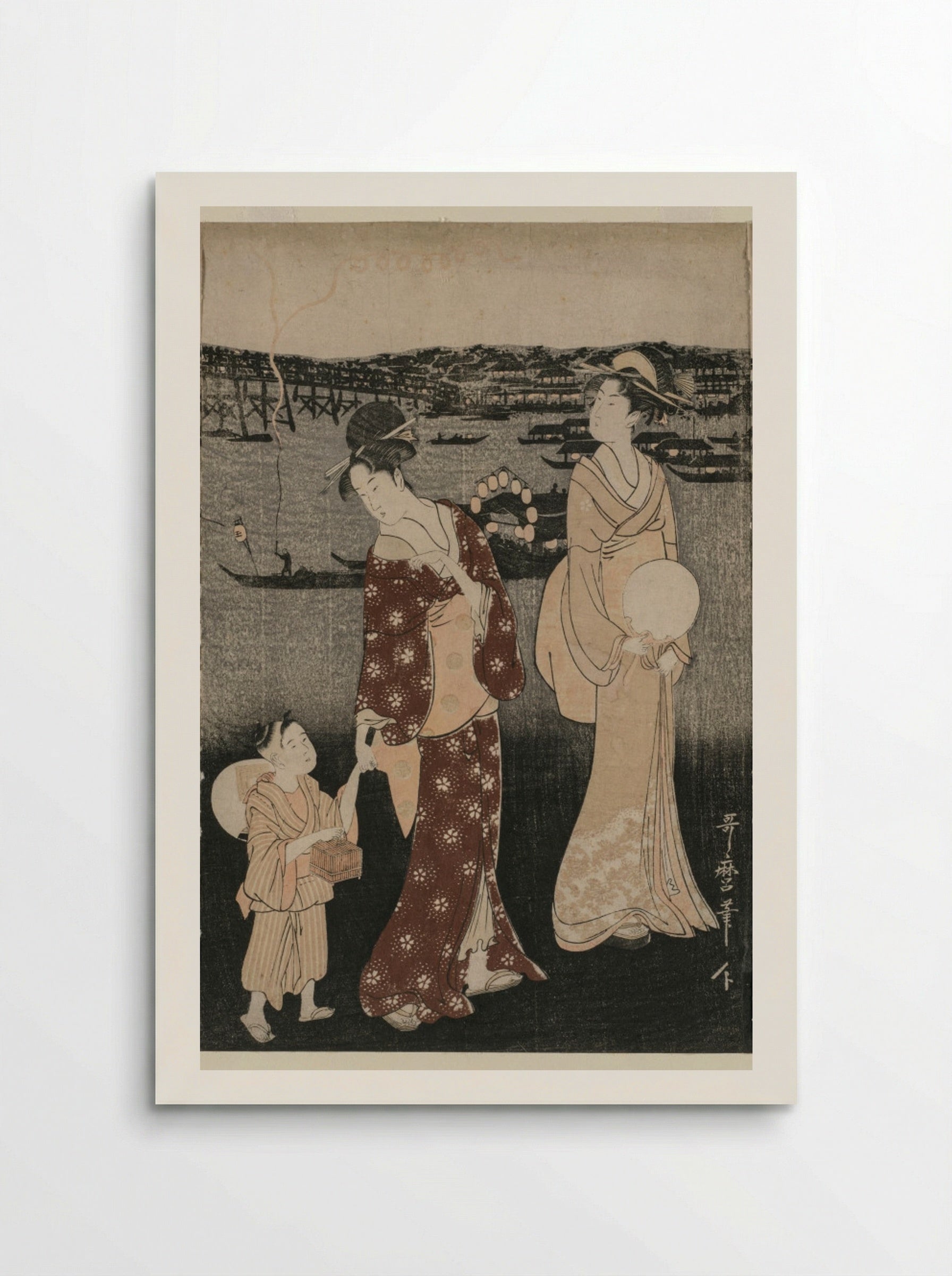 Women Enjoying the Evening Cool Near Ryogoku Bridge - Kitagawa Utamaro - Poster