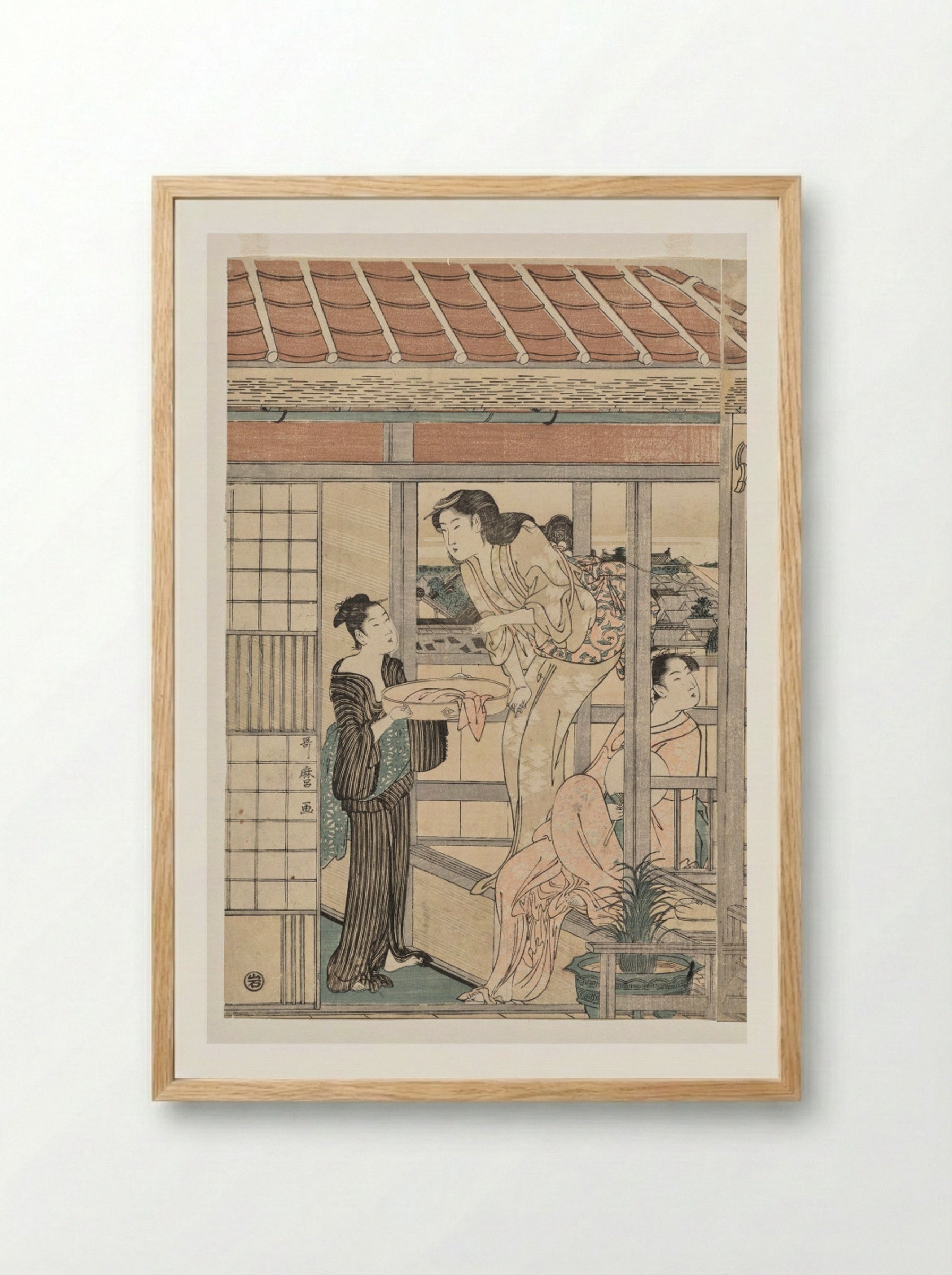 Women Hanging Laundry to Dry on a Balcony - Kitagawa Utamaro - Framed Print Wood