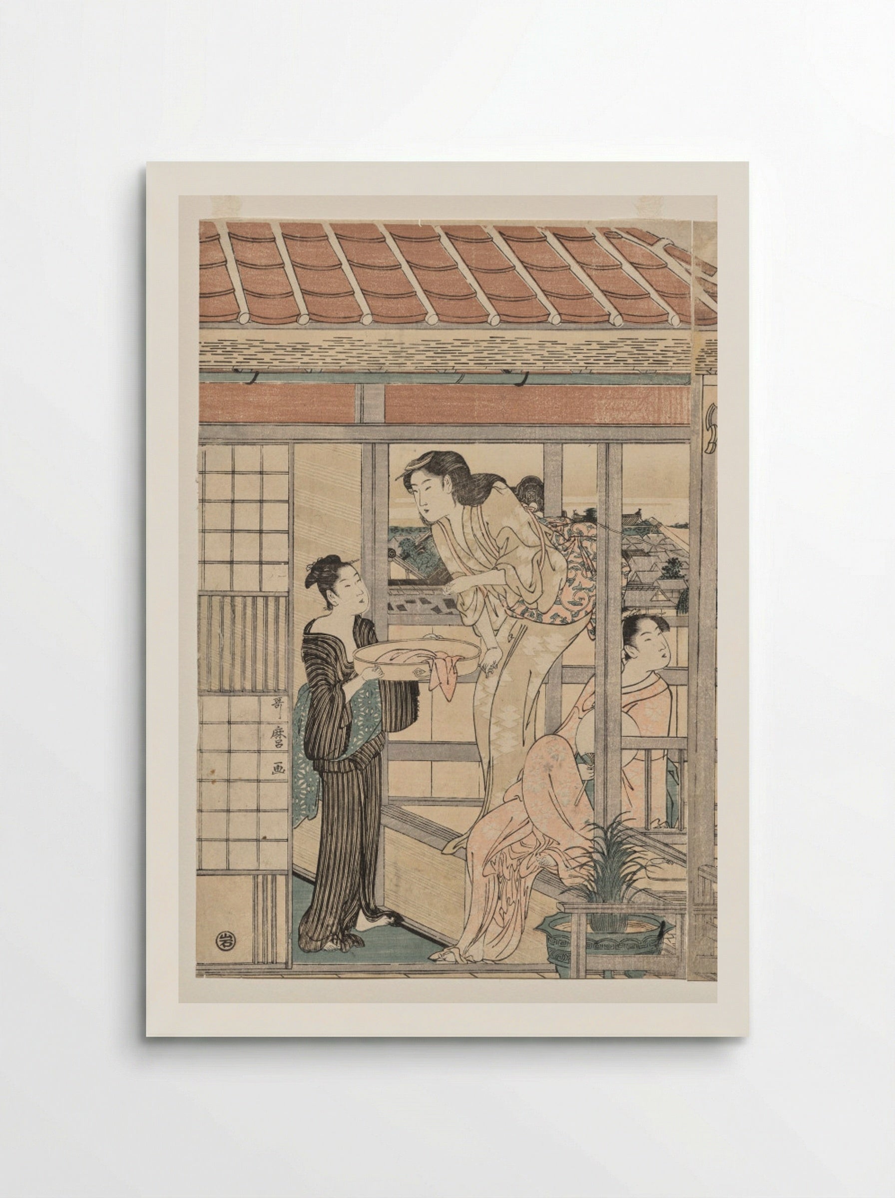 Women Hanging Laundry to Dry on a Balcony - Kitagawa Utamaro - Poster