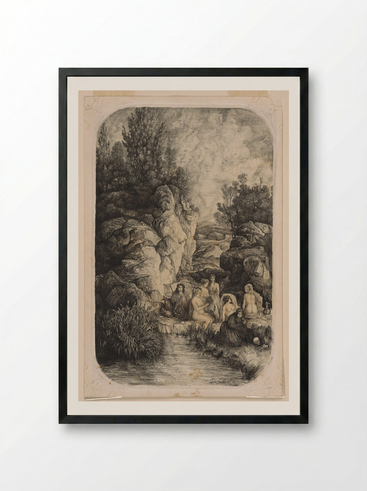 Women Near a Pool - Rodolphe Bresdin - Framed Print Black